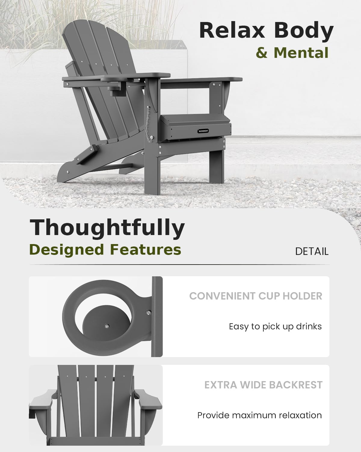 MUCHENGHY Folding Adirondack Chairs - Heavy Duty HDPE Weather-Resistant Outdoor Patio Chairs for Firepit, Lawn, Garden & Poolside - 380lb Weight Capacity, 15-Minute Assembly, Gray - Perfect for Backyard Relaxation and Camping