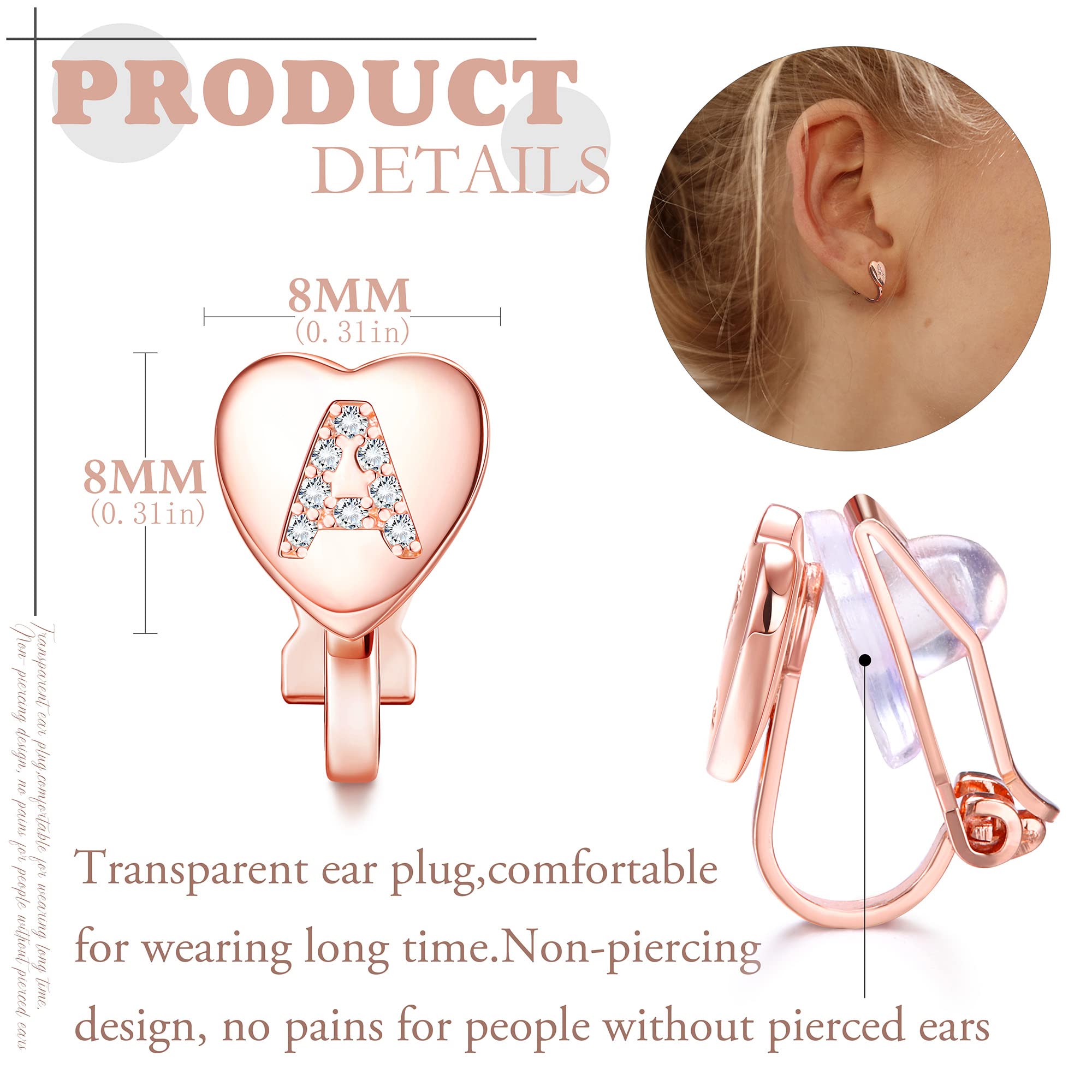 FUNRUN JEWELRY Rose Gold Plated Heart Initial Clip-On Stud Earrings for Women - Dainty Alphabet Letters A-Z Non-Pierced Earrings | Perfect for Gifts, Parties & Everyday Wear