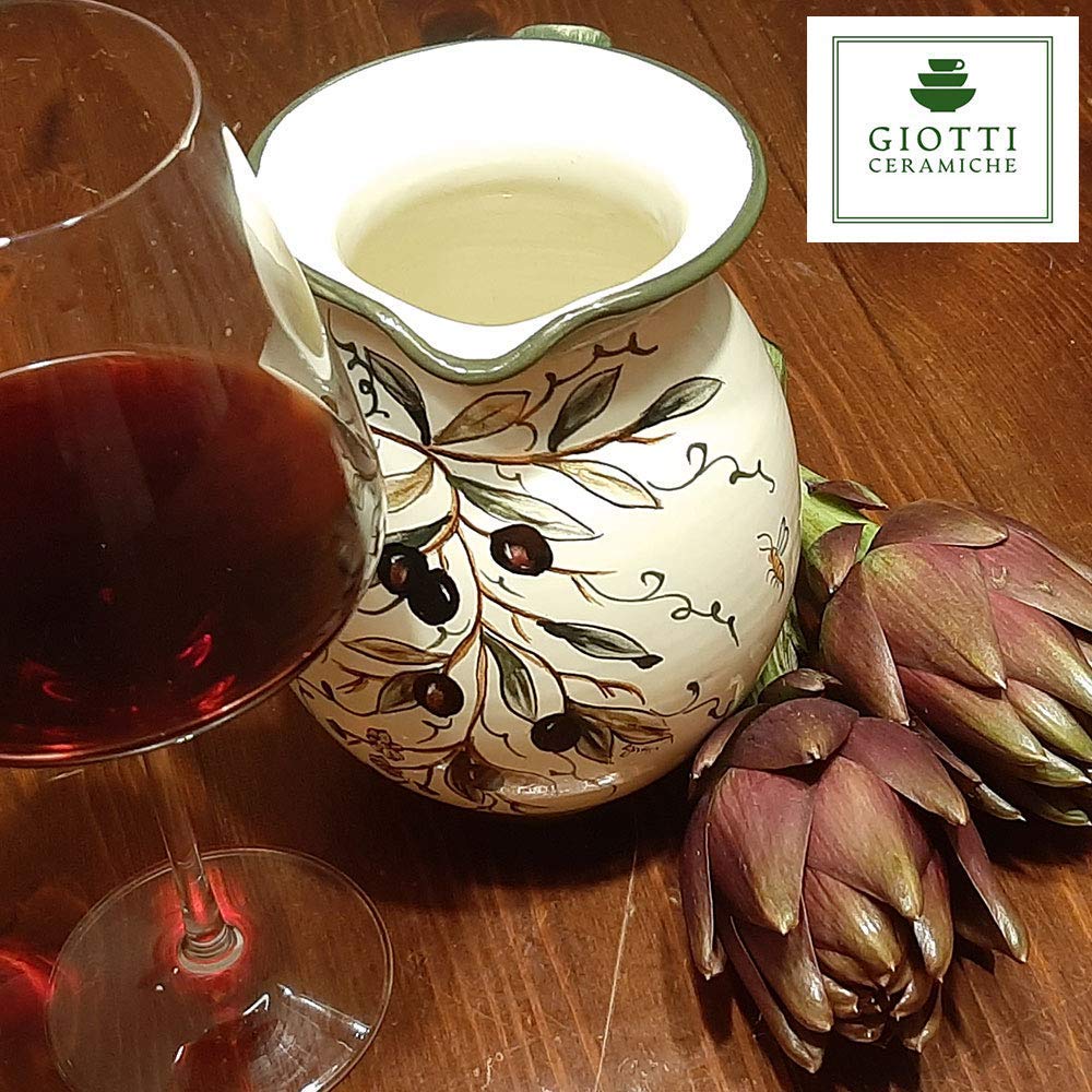 Italian Ceramic Pitcher 33oz - Hand Painted Olive Design Kitchen Carafe & Utensil Holder - Tuscan Pottery Wine Dispenser & Home Decor Vase - Perfect for Italian Kitchen Decor, Wine Serving & Farmhouse Style Dining