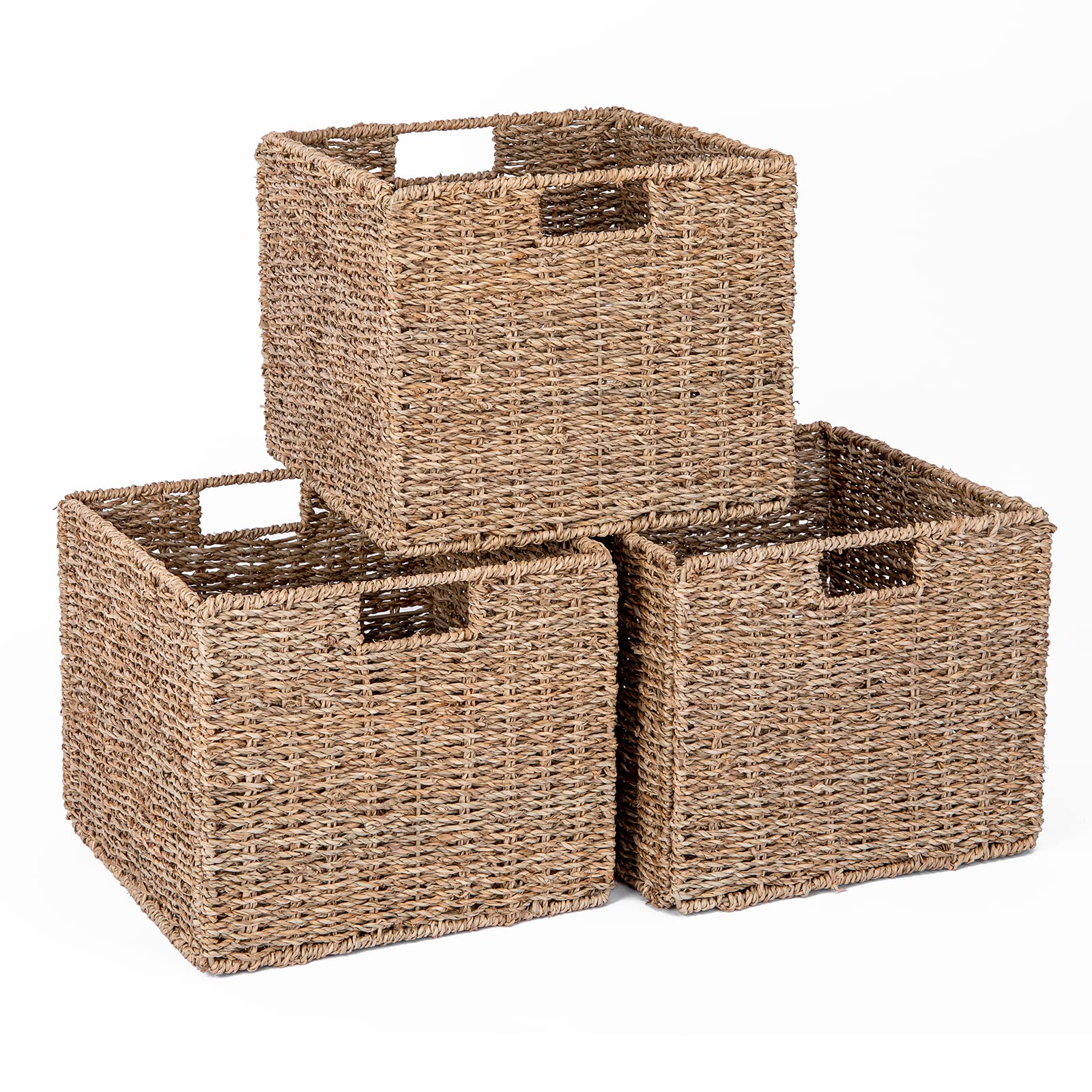 Seagrass Storage Baskets Set of 3 - 12x12x10 Inch Woven Cube Bins for Home Organization | Perfect for Pantry, Kitchen, Bathroom & Shelf Storage | Natural Fiber Decorative Baskets for Clutter-Free Living Spaces