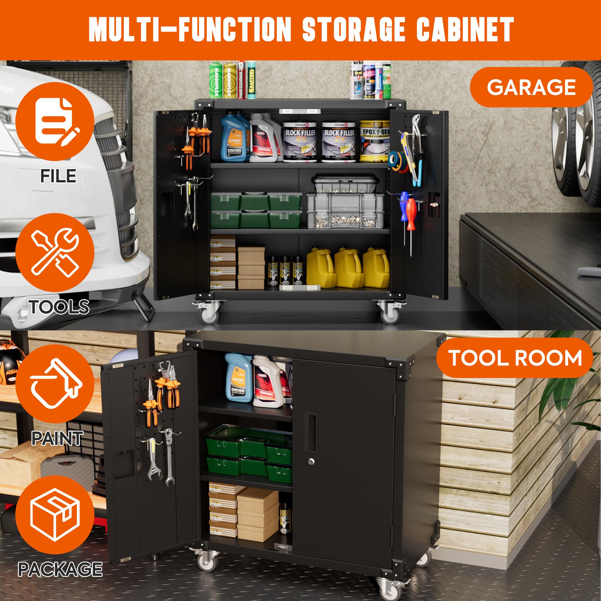 **Heavy Duty Metal Garage Storage Cabinet with 2 Doors & 4 Wheels - Adjustable Shelves Tool Cabinet for Home, Office, Workshop (Black) - SPK-ZSAD-001B | Organize Tools, Equipment & Supplies**