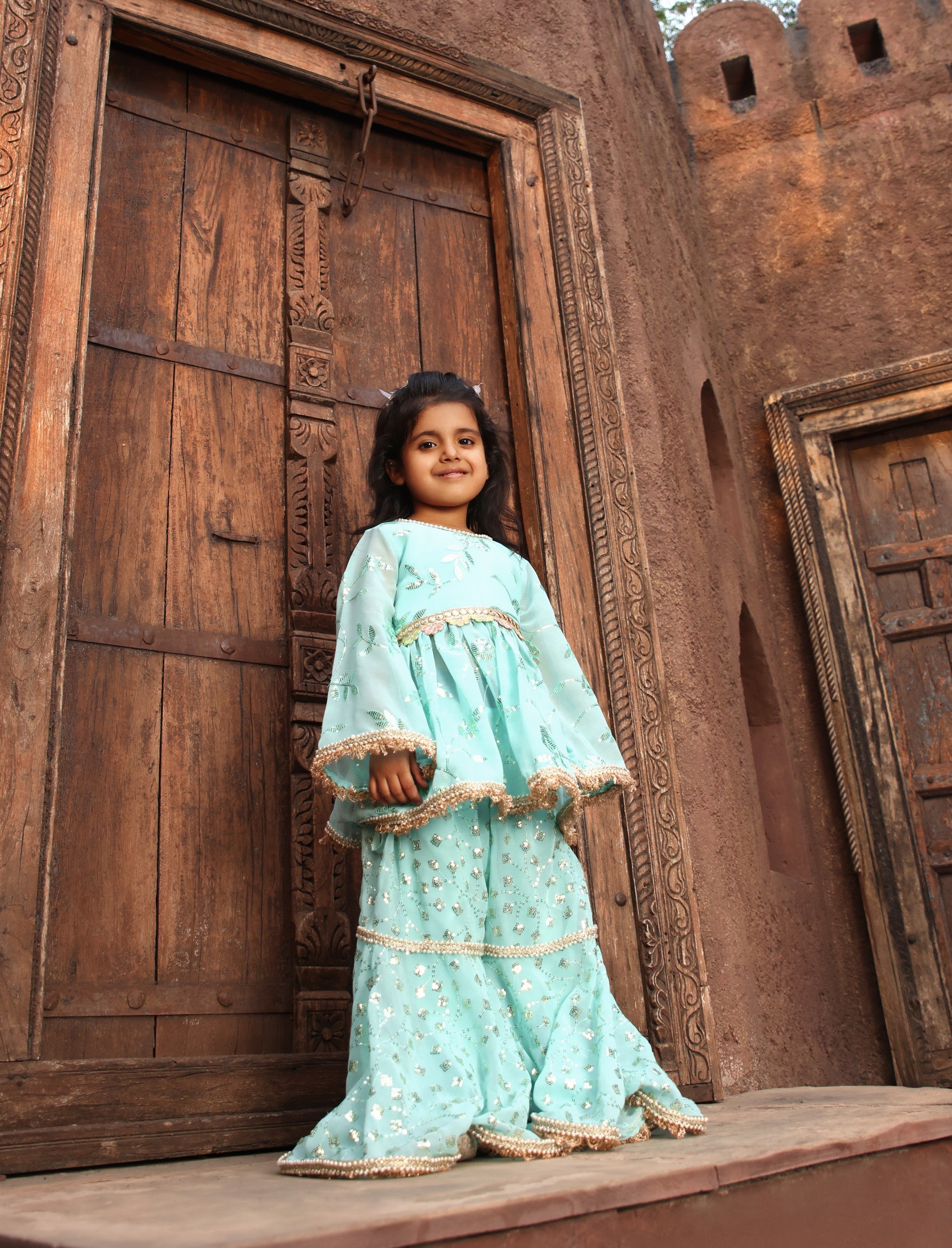 Pre Order: Blue Embroidery Kurti Sharara Set - Elegant Indian Ethnic Wear for Women | Perfect for Weddings, Festivals & Special Occasions