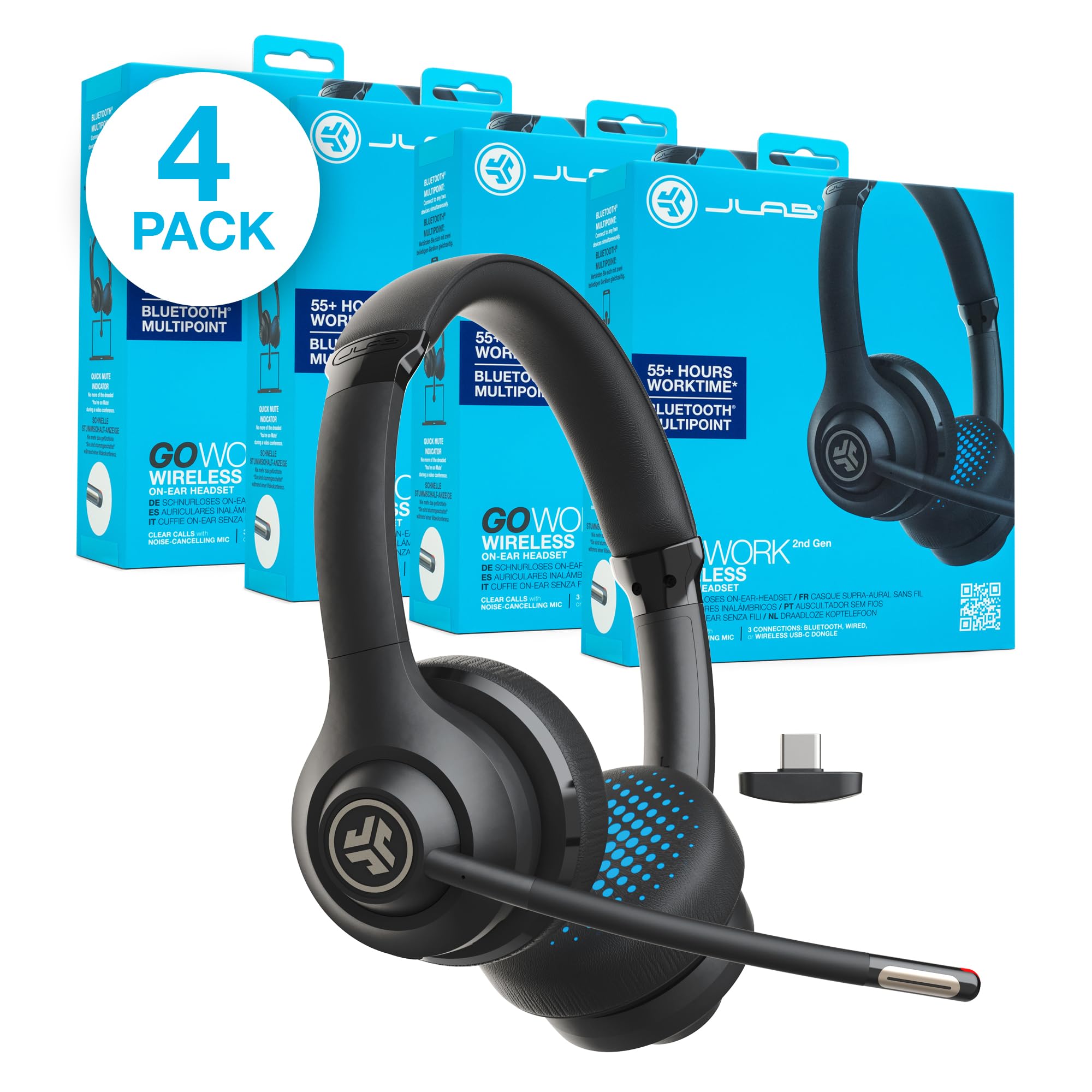JLab Go Work 2nd Gen Wireless Headphones with Microphone - 55+ Hours Bluetooth Headset for Computer, USB-C Dongle, Multipoint Connectivity | On-Ear Office Headphones for PC, Laptop (4 Pack) | Perfect for Remote Work, Video Calls & Online Meetings