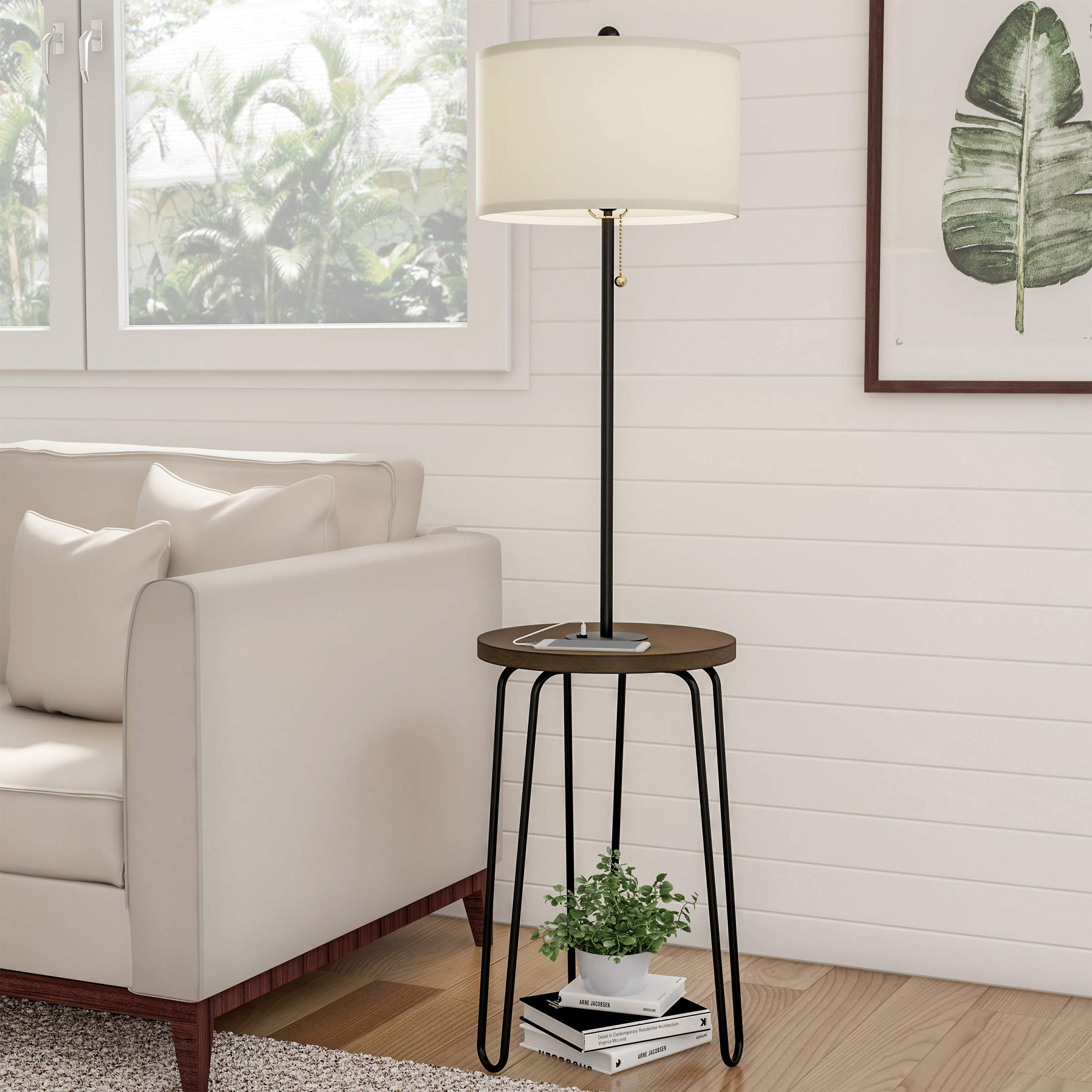 Mid-Century Modern Floor Lamp with Side Table - USB Charging Port & Hairpin Legs - Standing Light with Shelves by Lavish Home - Perfect for Living Room, Bedroom or Office Lighting