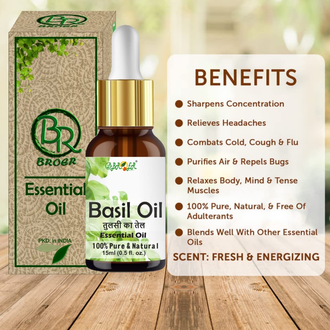 BROER 100% Pure Rosemary & Basil (Tulsi) Essential Oil Set for Hair Growth, Skin Moisturizing & Nourishment - Natural Undiluted Aromatherapy Oils (2x30ml) - Perfect for DIY Hair Care, Massage & Relaxation at Home