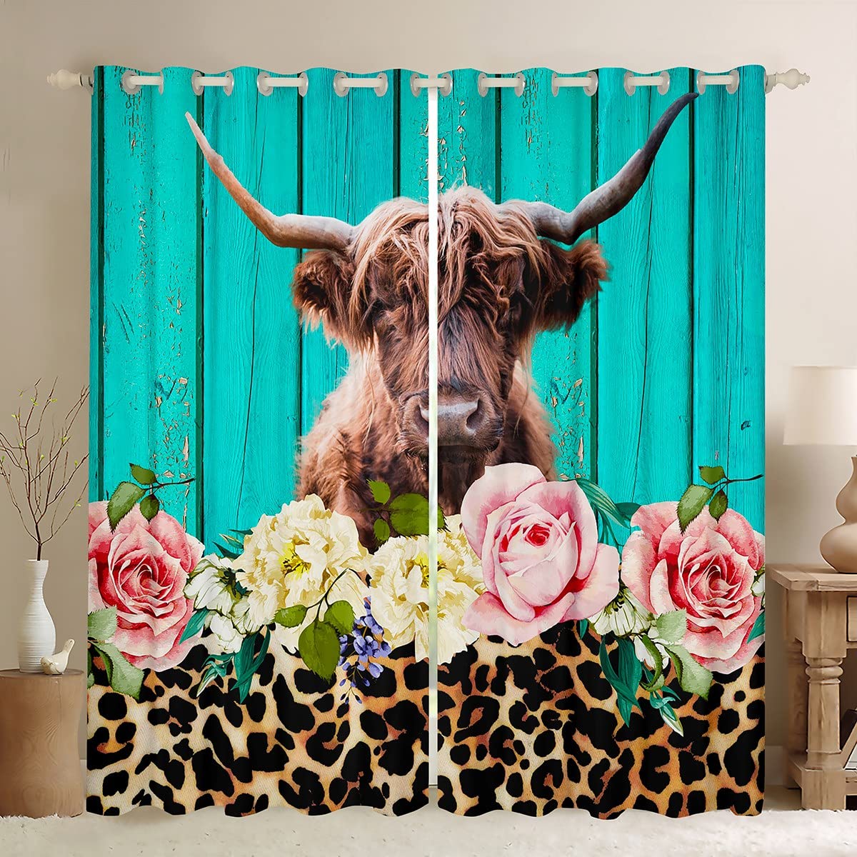 Highland Cow Window Curtains 52x96 Inches - 2 Panels Safari Animal Print Drapes for Bedroom, Living Room & Kids Room | Brown Cheetah Leopard Floral Pattern with Teal Blue Wooden Decor | Perfect for Farmhouse, Nursery & Jungle Theme Decorations