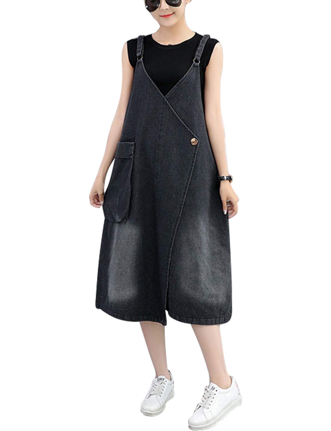 Omoone Women's Baggy Loose Midi Long Distressed Denim Jean Overalls Jumpsuit Dress for Casual Outfits & Streetwear Fashion