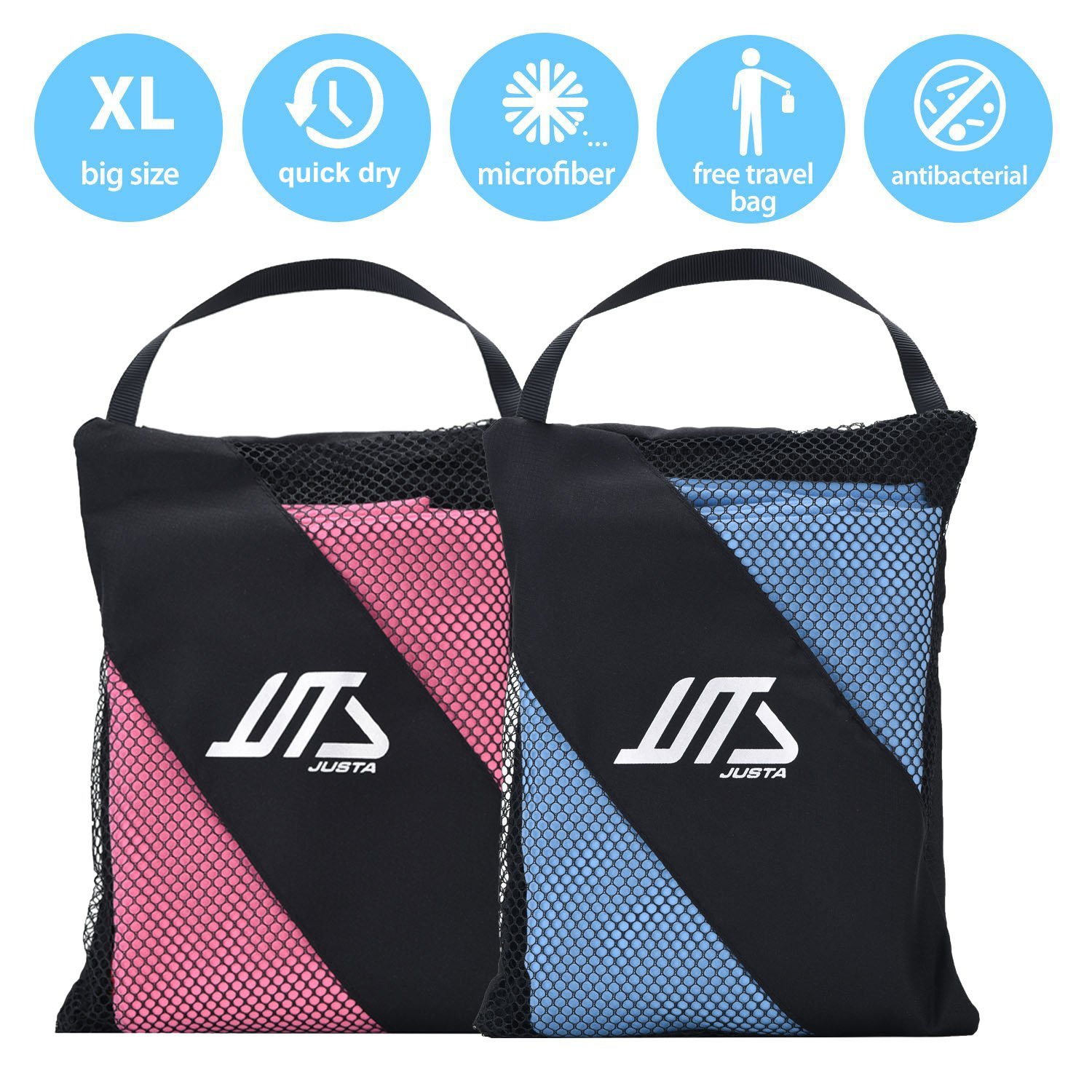 JUSTA - Premium Sports & Travel Towel - Ultra Absorbent, Quick Dry Microfiber - Ideal for Gym, Camping, Beach, Pool & Travel Accessories - Perfect Workout, Yoga, Swimming & Outdoor Activities Towel