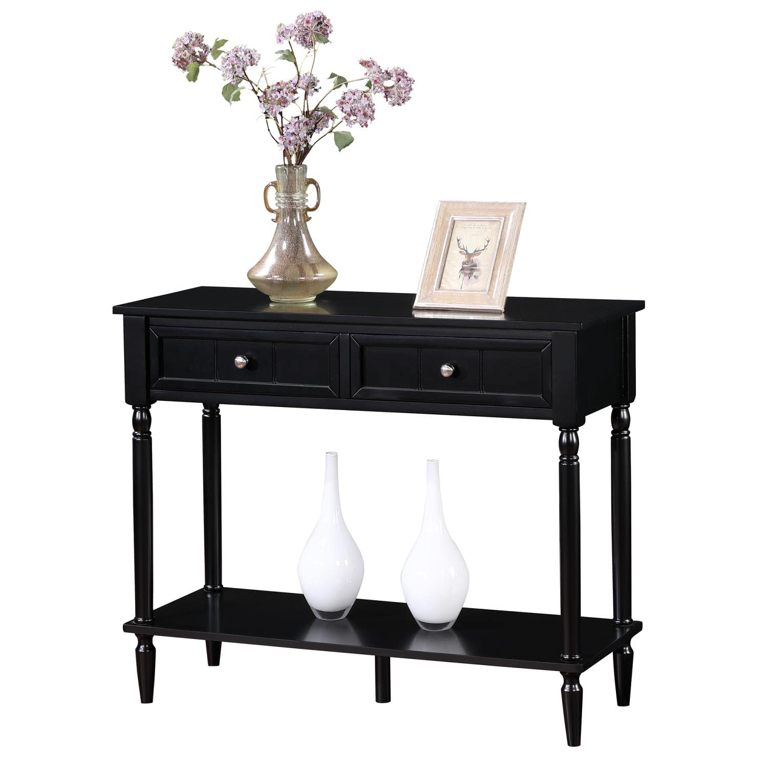French Country 2-Drawer Hall Table with Shelf - Black Wooden Entryway Console Table for Living Room, Bedroom & Foyer | Rustic Home Decor & Storage Solution
