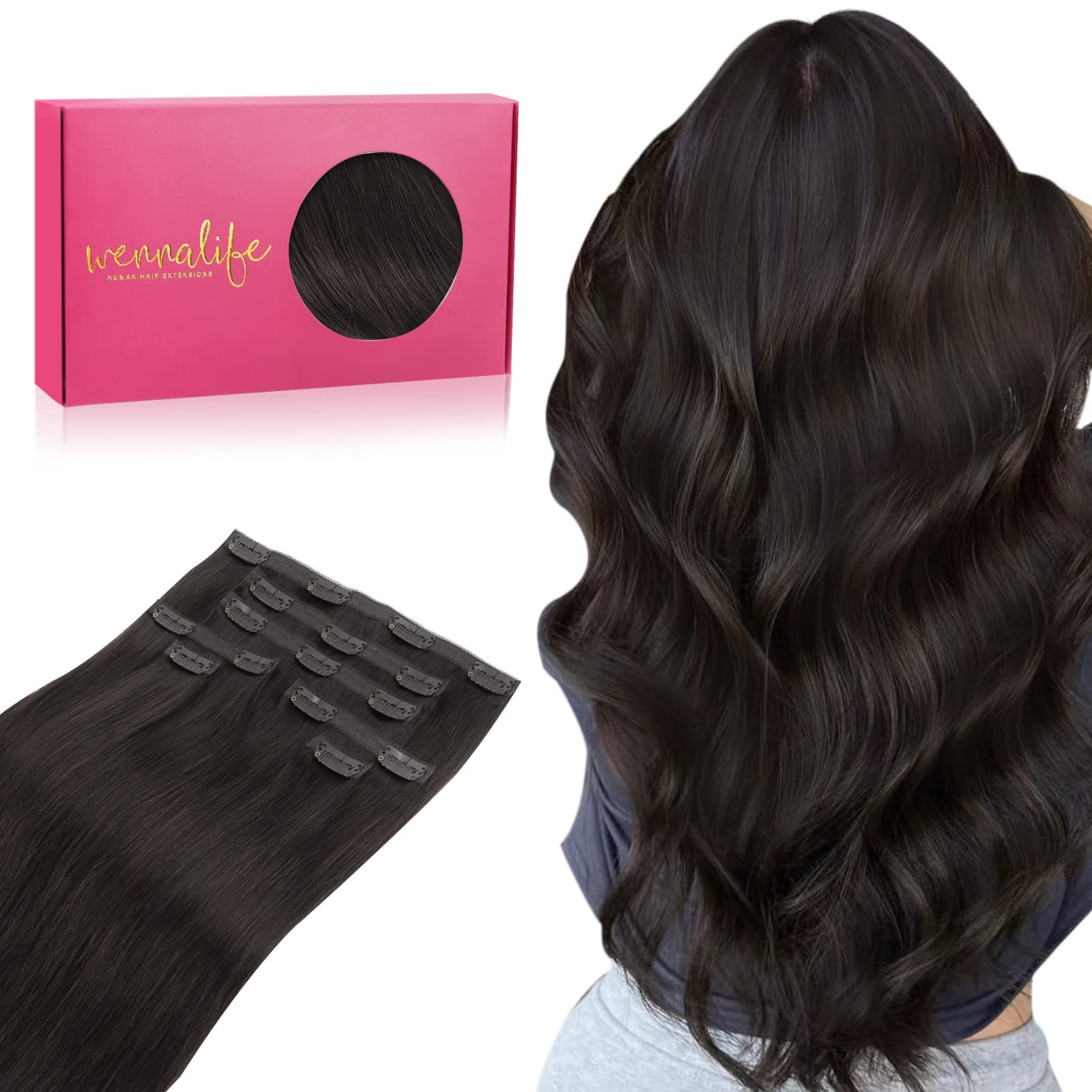 WENNALIFE Genius Seamless Clip-in Human Hair Extensions 7pcs - Ultra Invisible 50% Thinner Dark Brown Real Human Hair for Volume & Length - Perfect for Parties, Weddings & Daily Styling