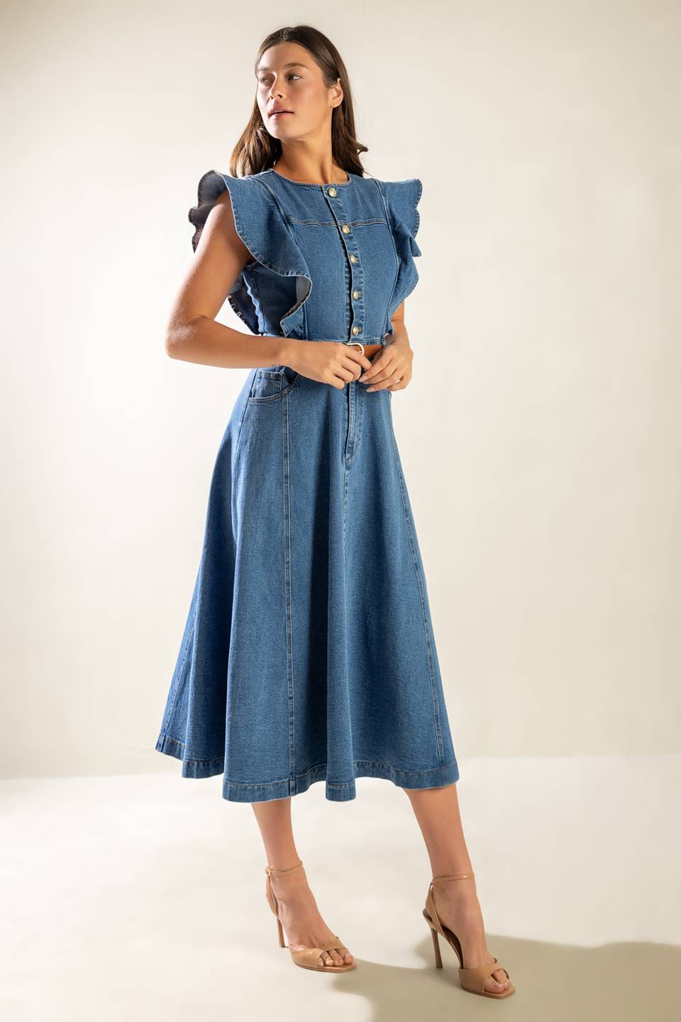 Indigo Ruffle Sleeve Denim Midi Dress for Women - Stylish Casual & Party Wear - Perfect for Date Nights, Brunch, and Summer Outings