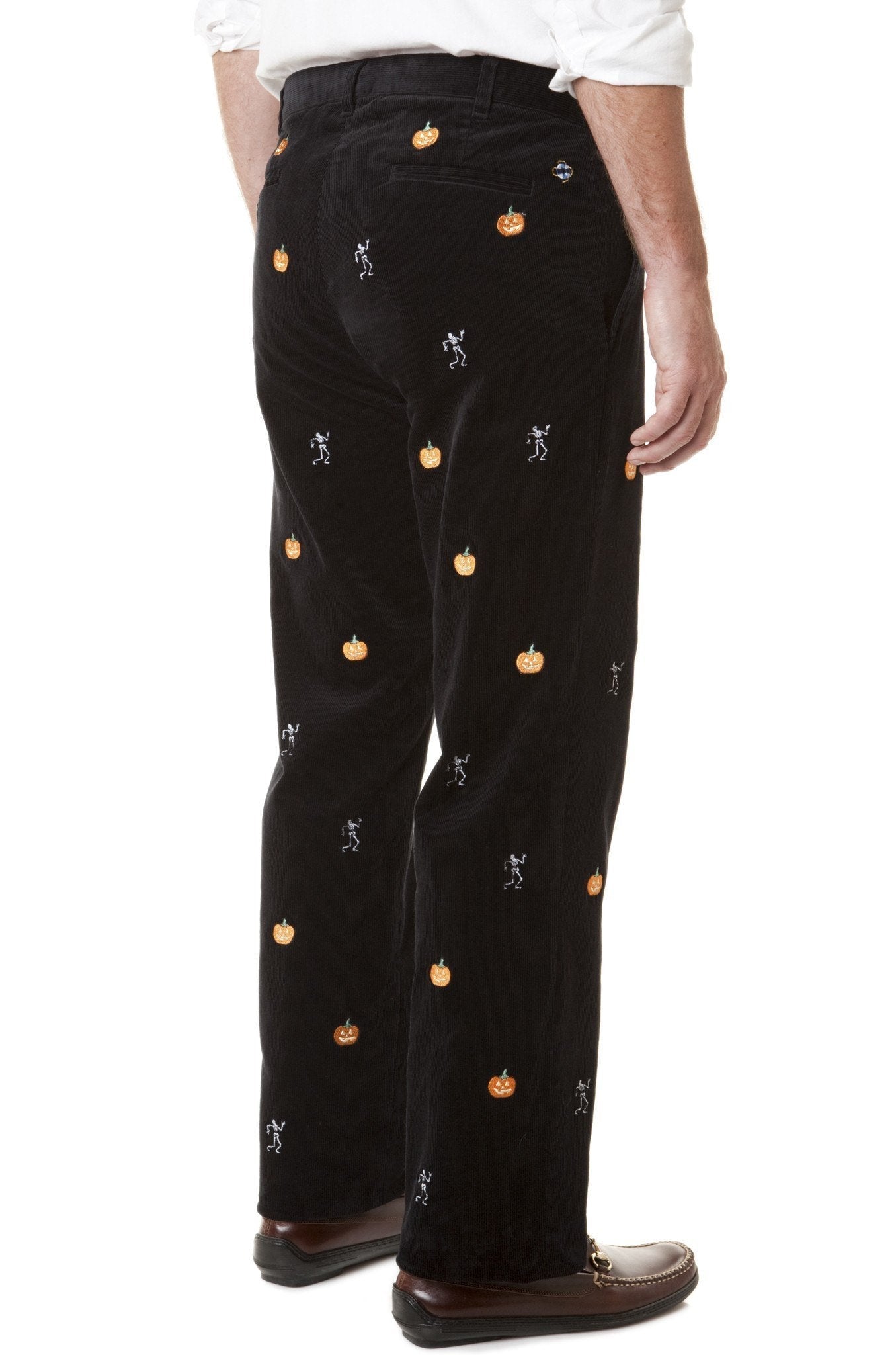 Beachcomber Corduroy Pants for Men - Black Halloween Skeleton & Jack-O-Lantern Print - Casual Fall & Winter Trousers for Parties, Cosplay and Everyday Wear