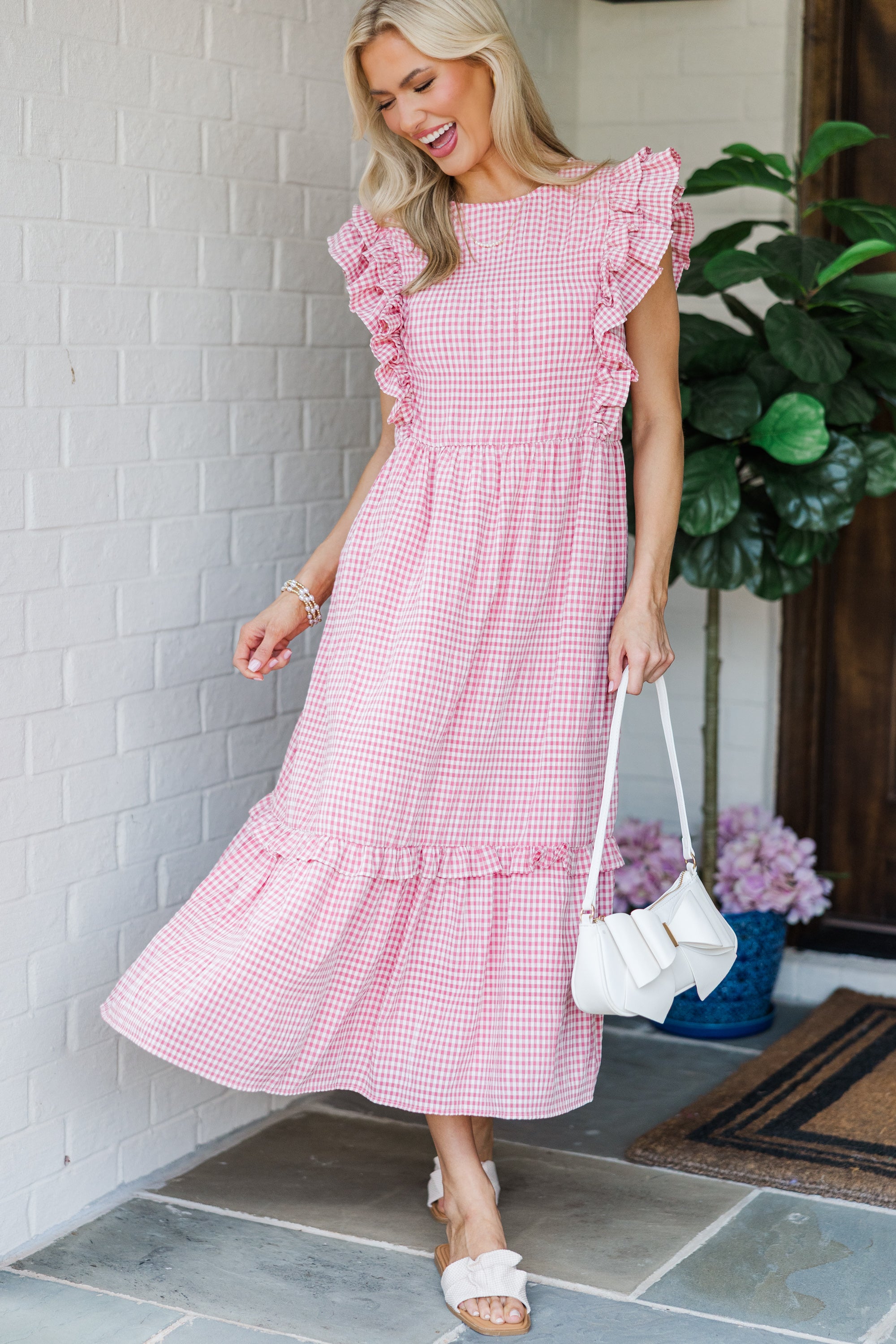 Pink Gingham Midi Dress for Women - Floral Print Summer Dress with Short Sleeves - Perfect for Beach Vacation, Brunch Date & Casual Outings