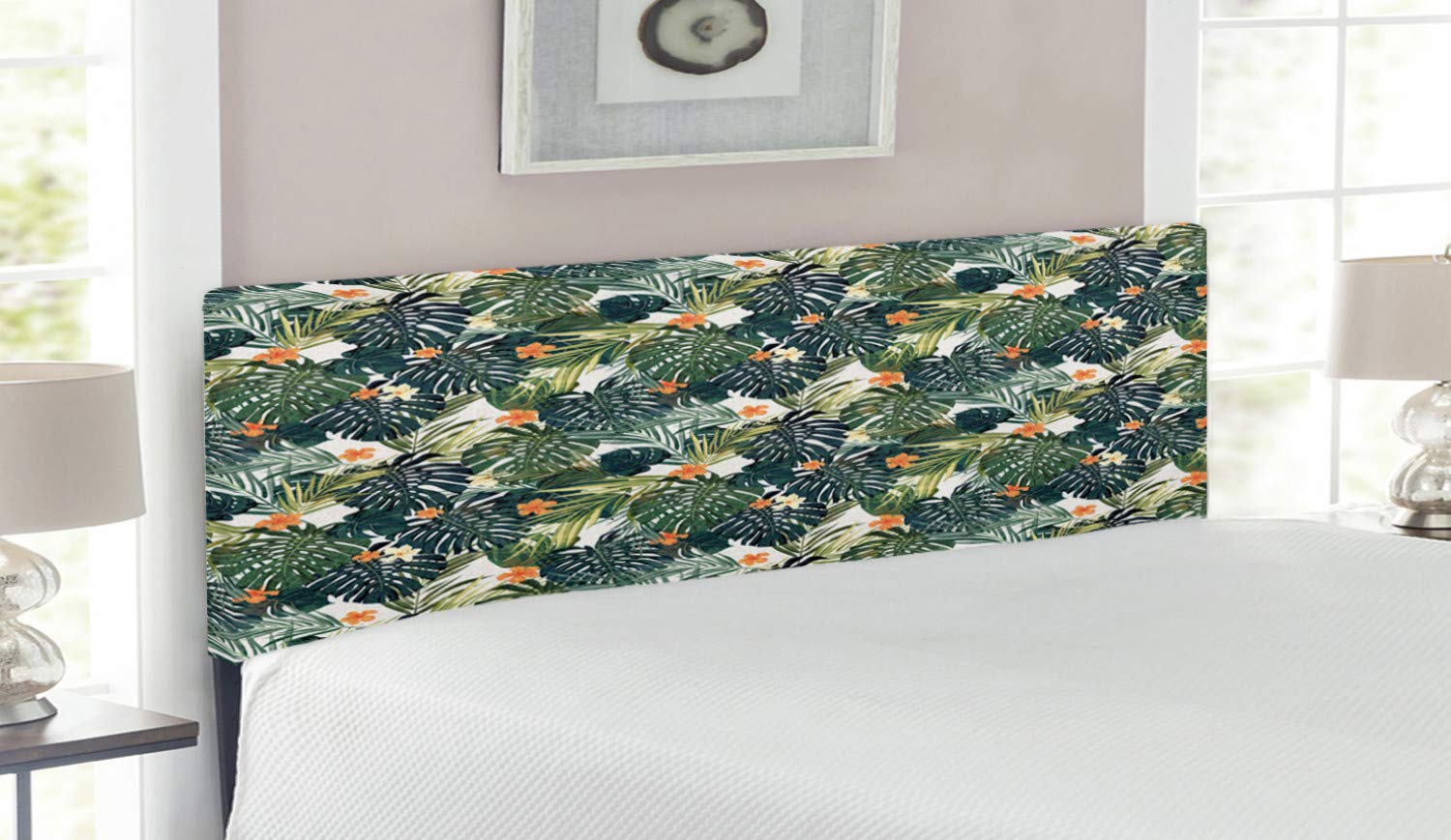 Ambesonne Queen Size Upholstered Headboard with Memory Foam - Tropical Hawaiian Summer Aloha Pattern Featuring Hibiscus Flowers & Plants in Dark Teal Green & Orange - Decorative Metal Bed Headboard for Bedroom Makeover, Guest Room or Vacation Home Decor