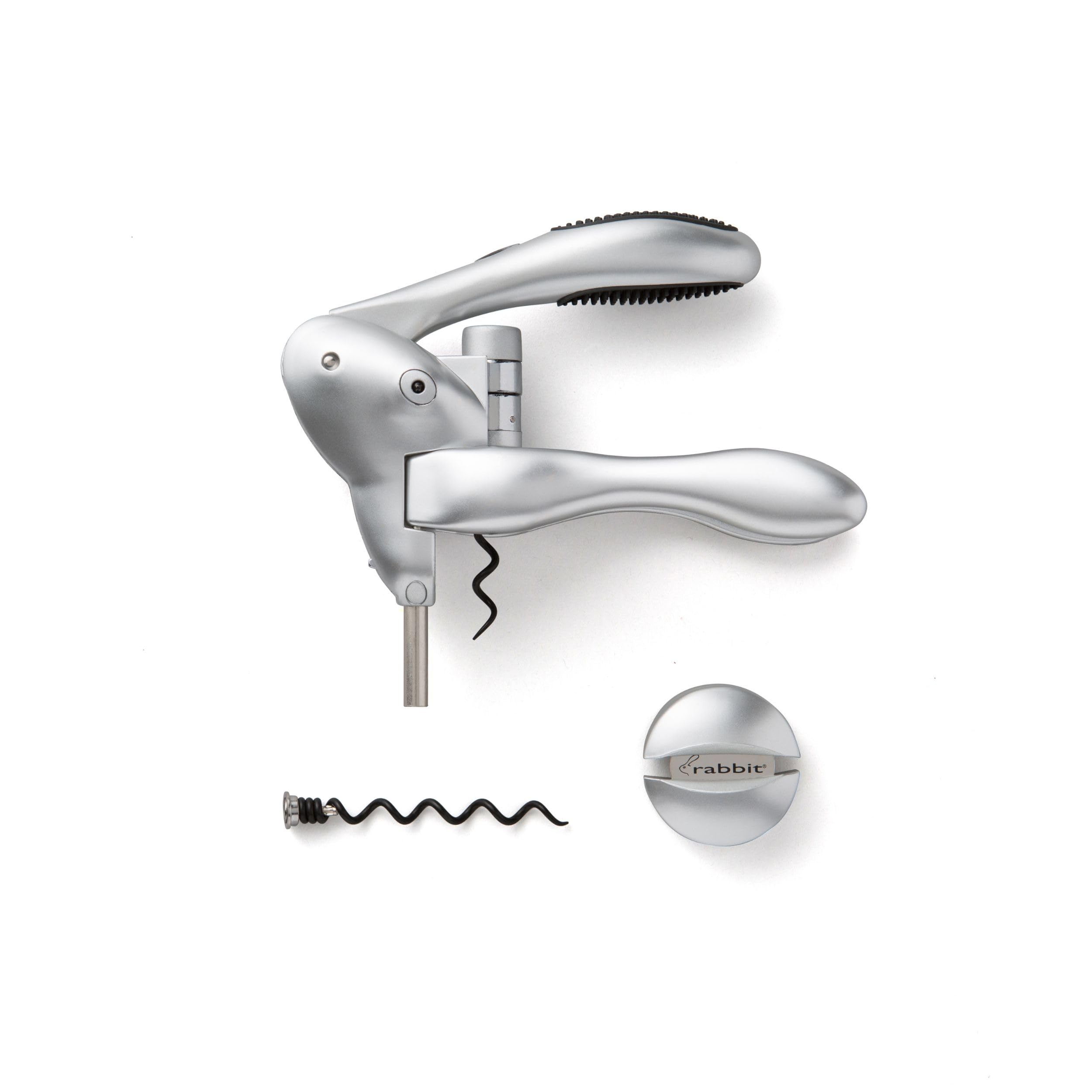 Premium Rabbit Original Lever Corkscrew Wine Opener with Built-in Foil Cutter & Extra Spiral - Silver | Perfect for Home Bars, Wine Tastings & Gifts for Wine Lovers