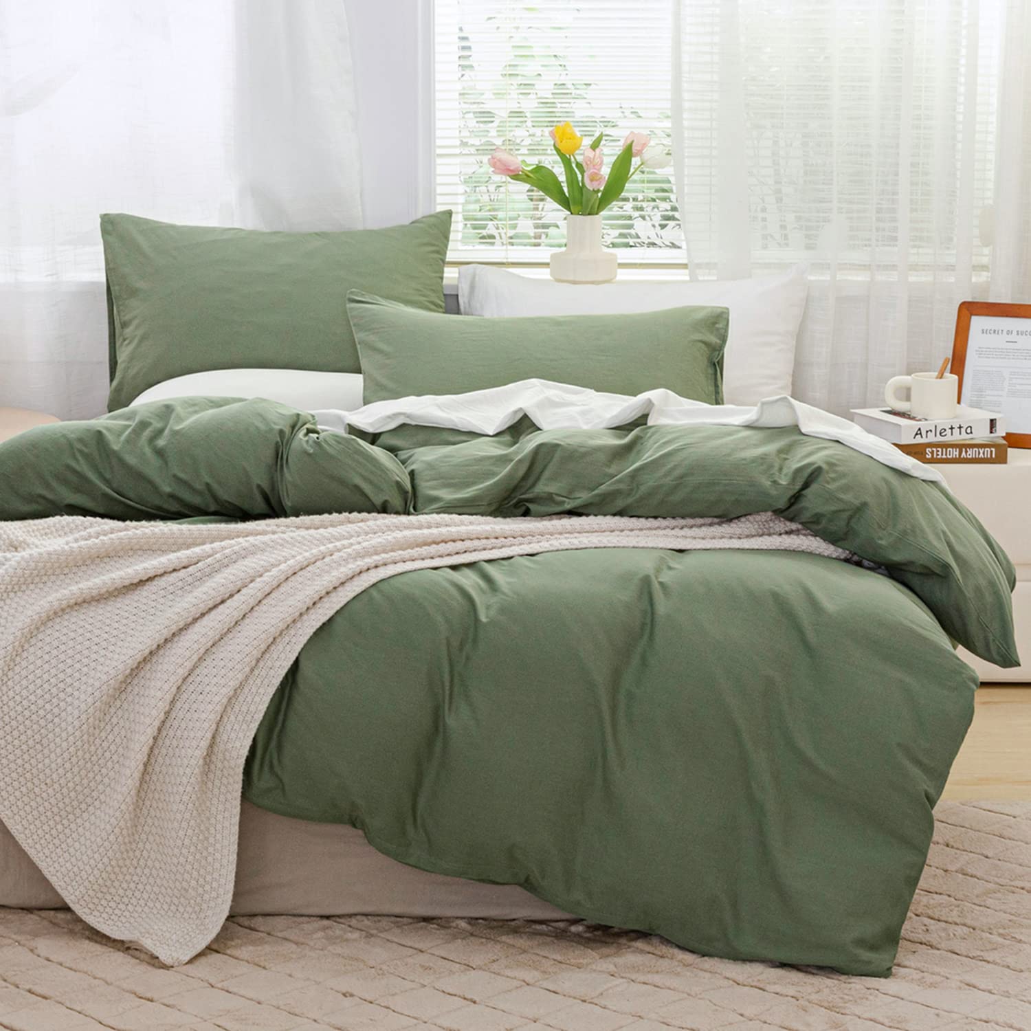 JELLYMONI 100% Washed Cotton Duvet Cover Set - 2 Piece Luxury Soft Bedding with Zipper Closure, Twin XL Size (Comforter Not Included) | Breathable Green Solid Color Duvet Cover for Bedroom, Guest Room & Dorm | Hypoallergenic & Easy Care