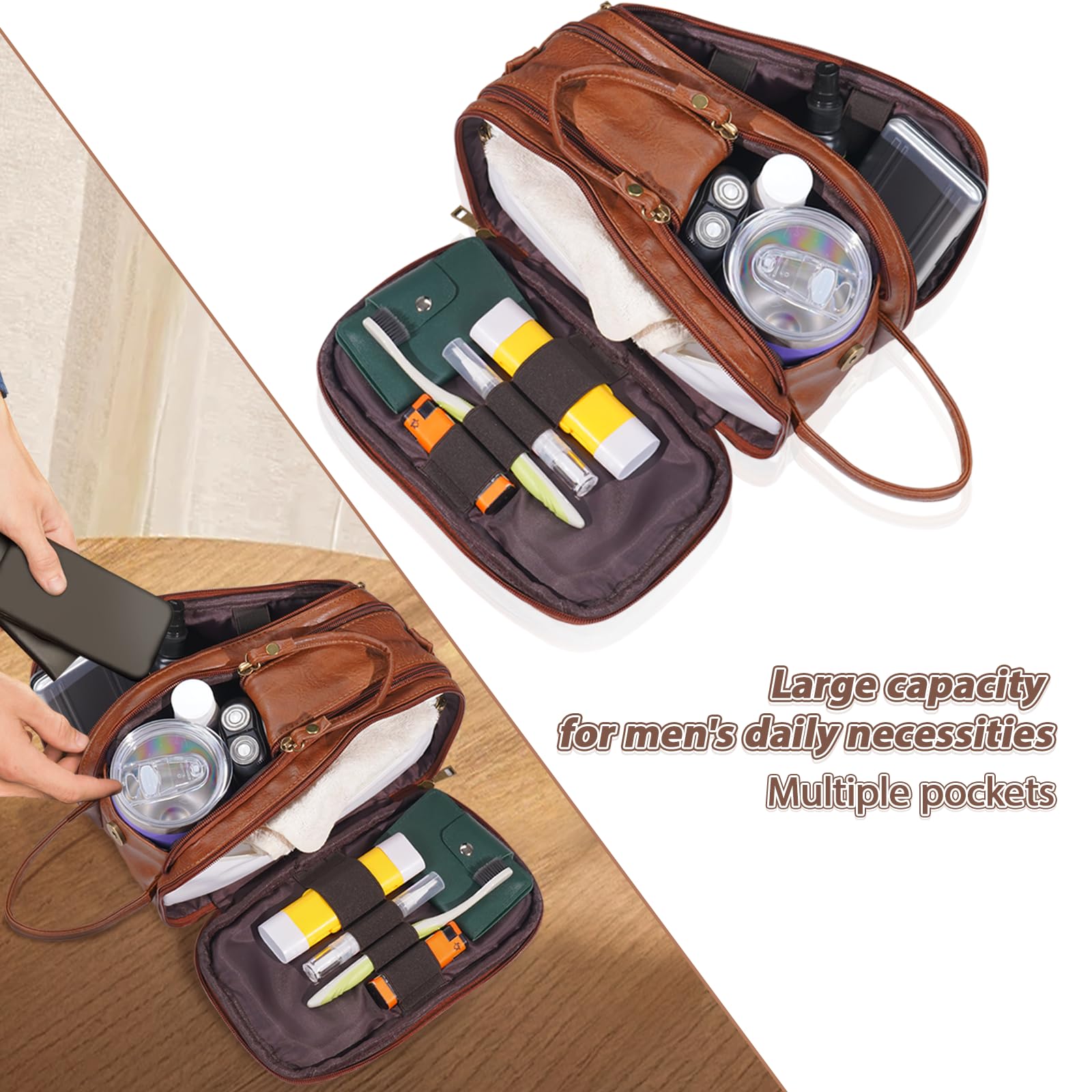 Premium Leather Toiletry Bag for Men & Women - Travel Size Dopp Kit with Multiple Pockets - Ideal for Gym, Business Trips & Vacation Essentials Organization