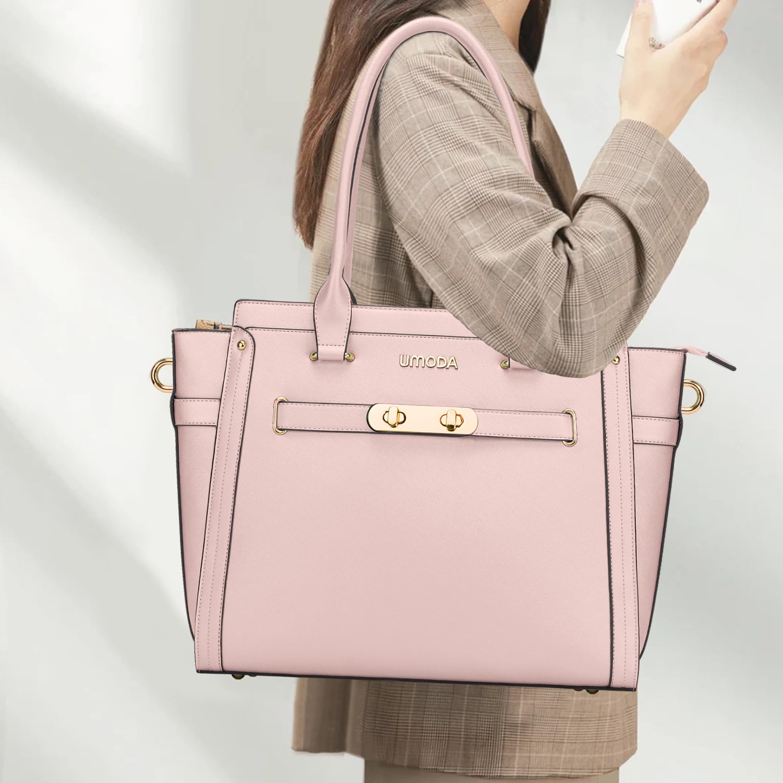 Stylish 15.6 Inch Laptop Tote Bag for Women - Multi-Pocket Padded Computer Bag with Shoulder Strap (Light Pink) - Perfect for Work, School & Travel