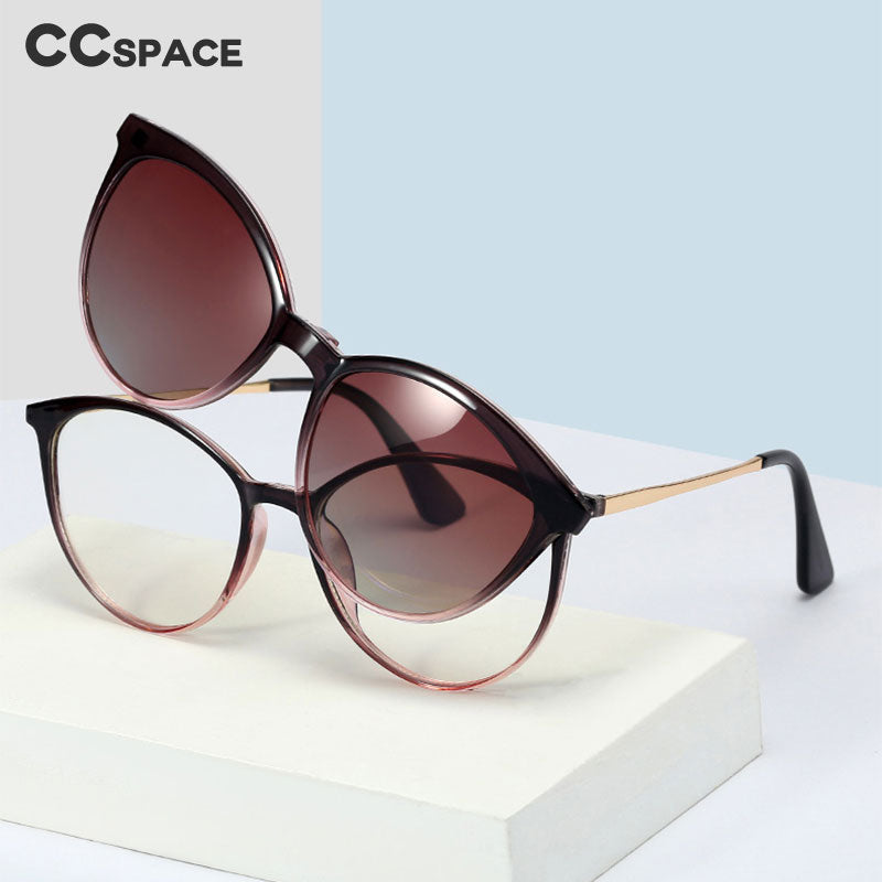 CCspace Unisex Full Rim Round Cat Eye Titanium Frame Eyeglasses with Clip-On Sunglasses (48344) - Stylish Reading Glasses for Work, Driving & Outdoor Activities