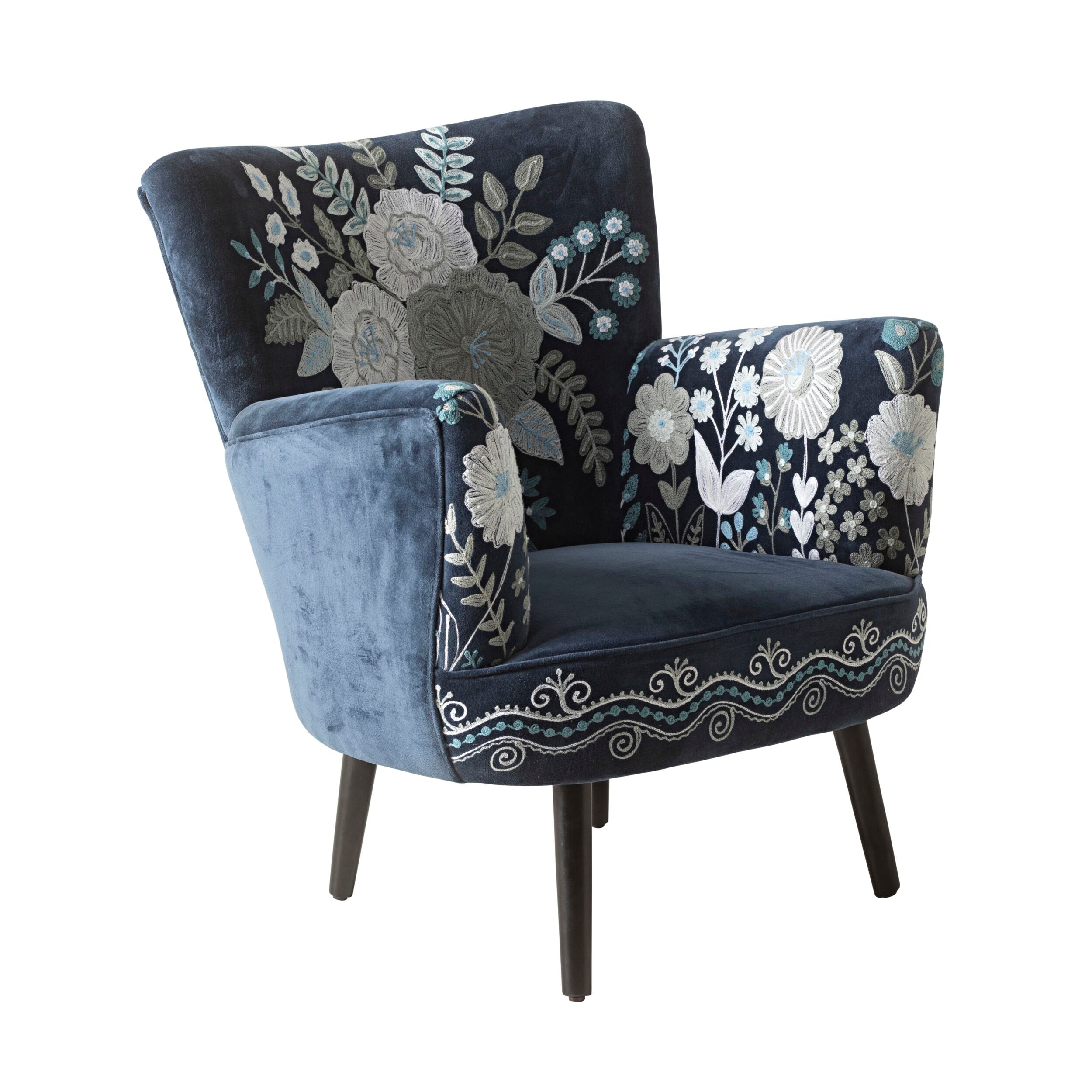 Blooms Embroidered Armchair in Indigo Blue - Elegant Floral Upholstered Accent Chair for Living Room, Bedroom, or Office Decor