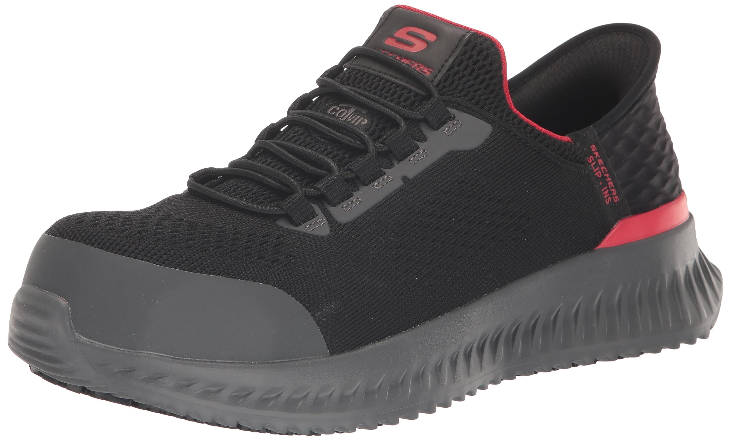 Skechers Men's Hands Free Slip-Ins Tilido Fletchit Comp Toe Construction Shoe - Black/Red - Size 9.5 Wide | Slip Resistant Work Shoes for Construction, Warehouse & Outdoor Jobs