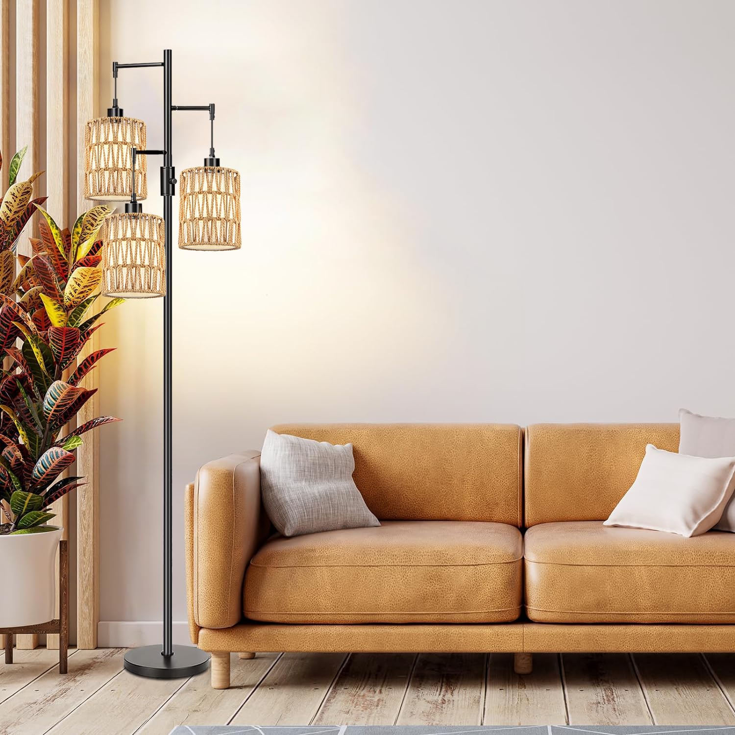 Boho Floor Lamp for Living Room & Bedroom - 3-Light Dimmable Standing Lamp with LED Bulbs, Rustic Tall Tree Design in Black - Perfect for Home Office, Corner Decor & Cozy Ambiance Lighting