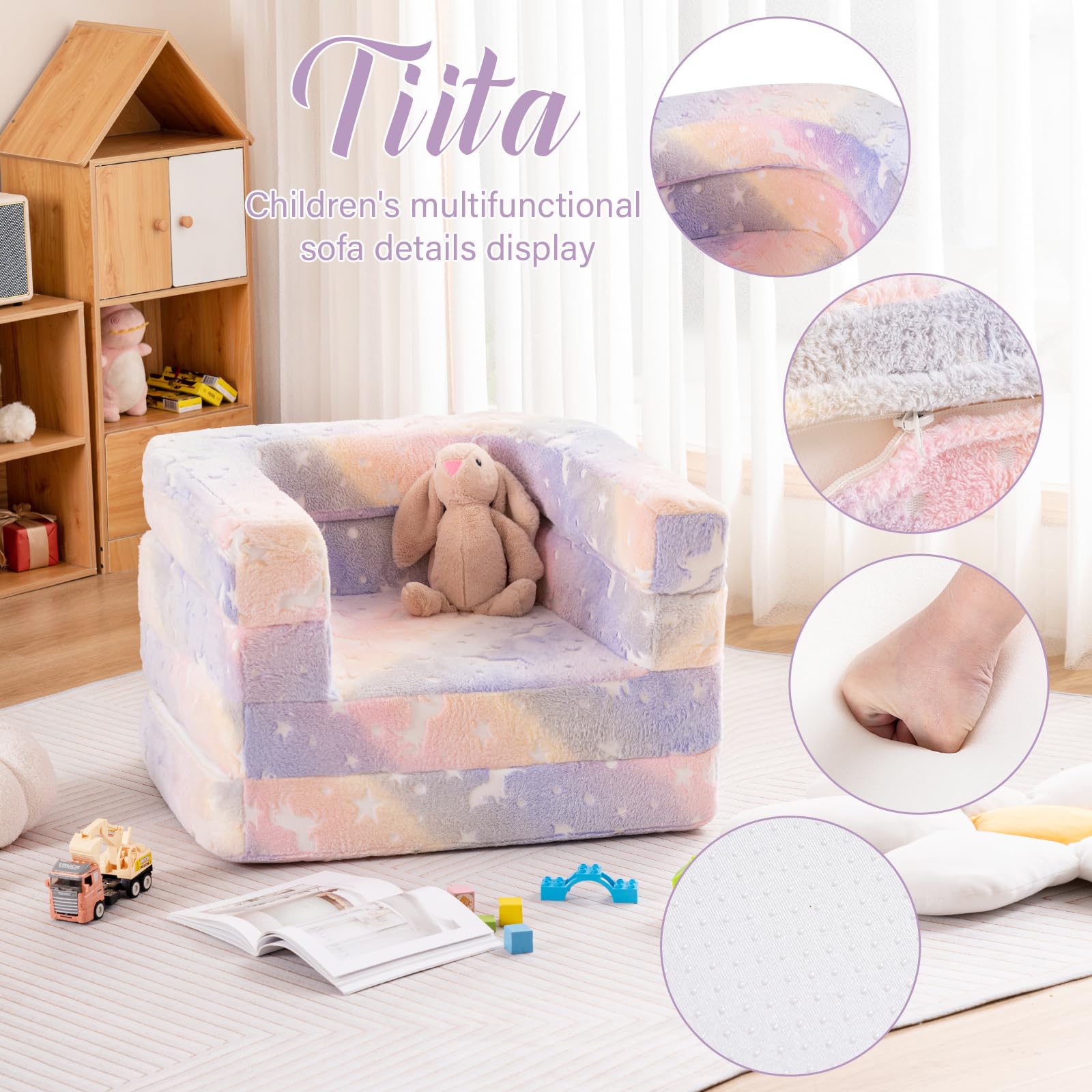 Tiita 3-in-1 Convertible Kids Sofa Bed - Plush Toddler Chair & Portable Travel Bed with Washable Cover & Carrying Handle - Perfect for Nursery, Playroom & Travel - Gift for Boys & Girls