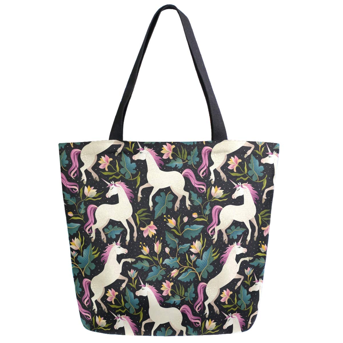Stylish Floral Unicorn Print Extra Large Canvas Tote Bag - Reusable Grocery Shopping Bag, Beach Travel Tote, Portable Storage Handbag for Women | Perfect for Farmers Market, Picnics & Daily Errands