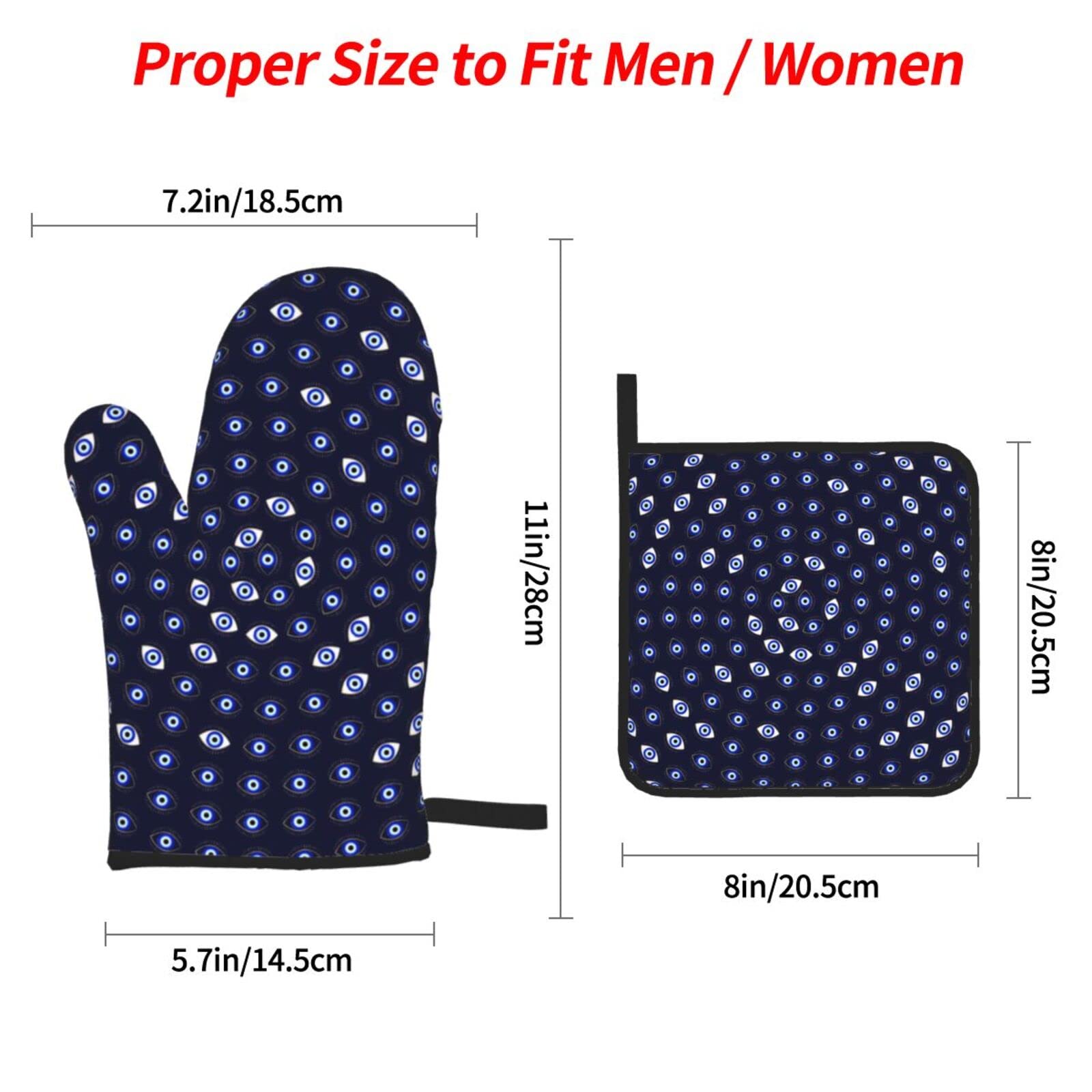 Blue Evil Eye Oven Mitts and Pot Holders Set - Heat Resistant Kitchen Gloves for Baking, Cooking & Grilling - Lucky Charm Protection for Home & Restaurant Use