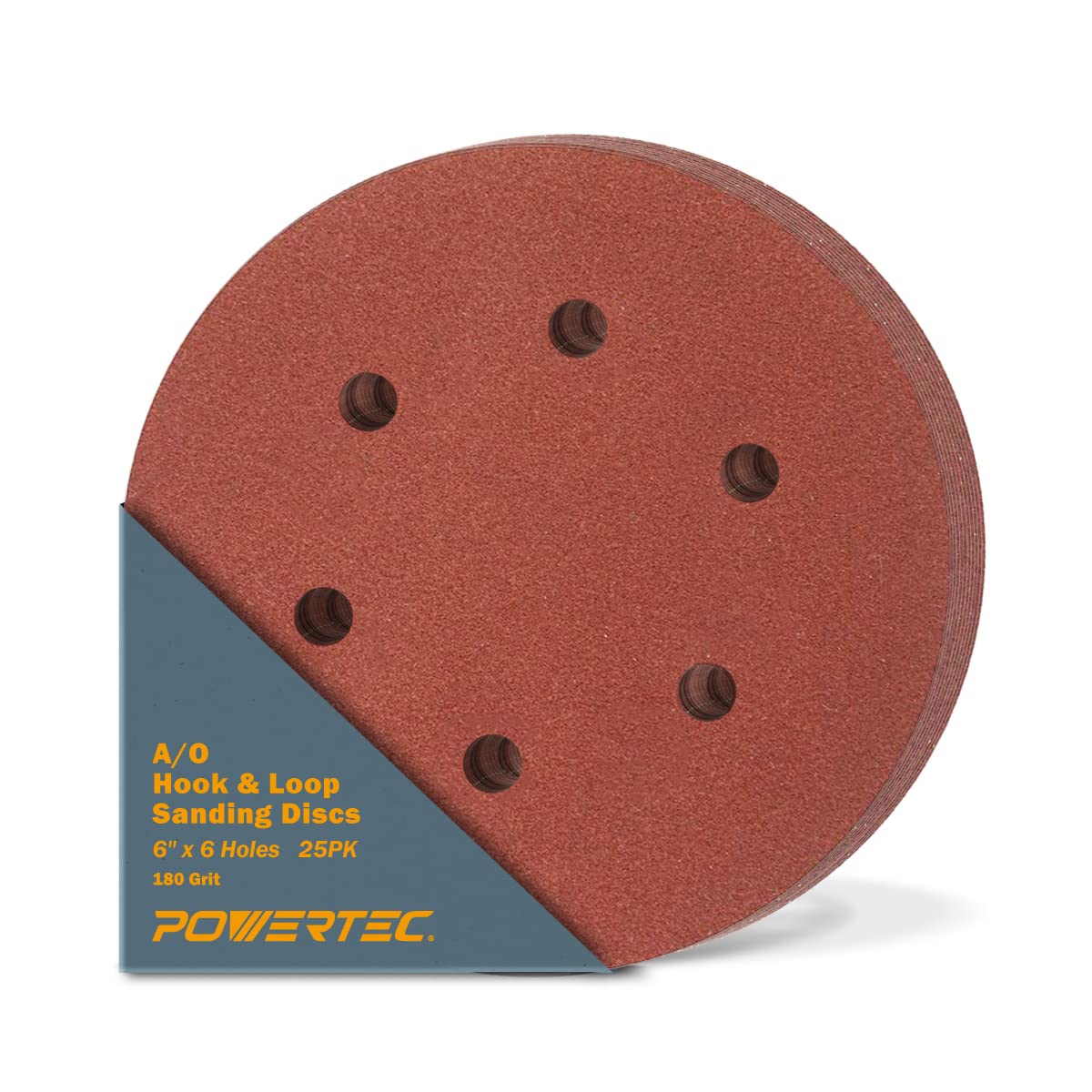 POWERTEC 180 Grit 6 Inch Sanding Discs, 25 Pack - Hook and Loop Backing, 6-Hole Aluminum Oxide Sandpaper Pads for Woodworking, Paint Removal & Surface Preparation - Compatible with Random Orbital, Air, Pneumatic & DA Sanders - Ideal for DIY Projects & Professional Wood Finishing (45218)