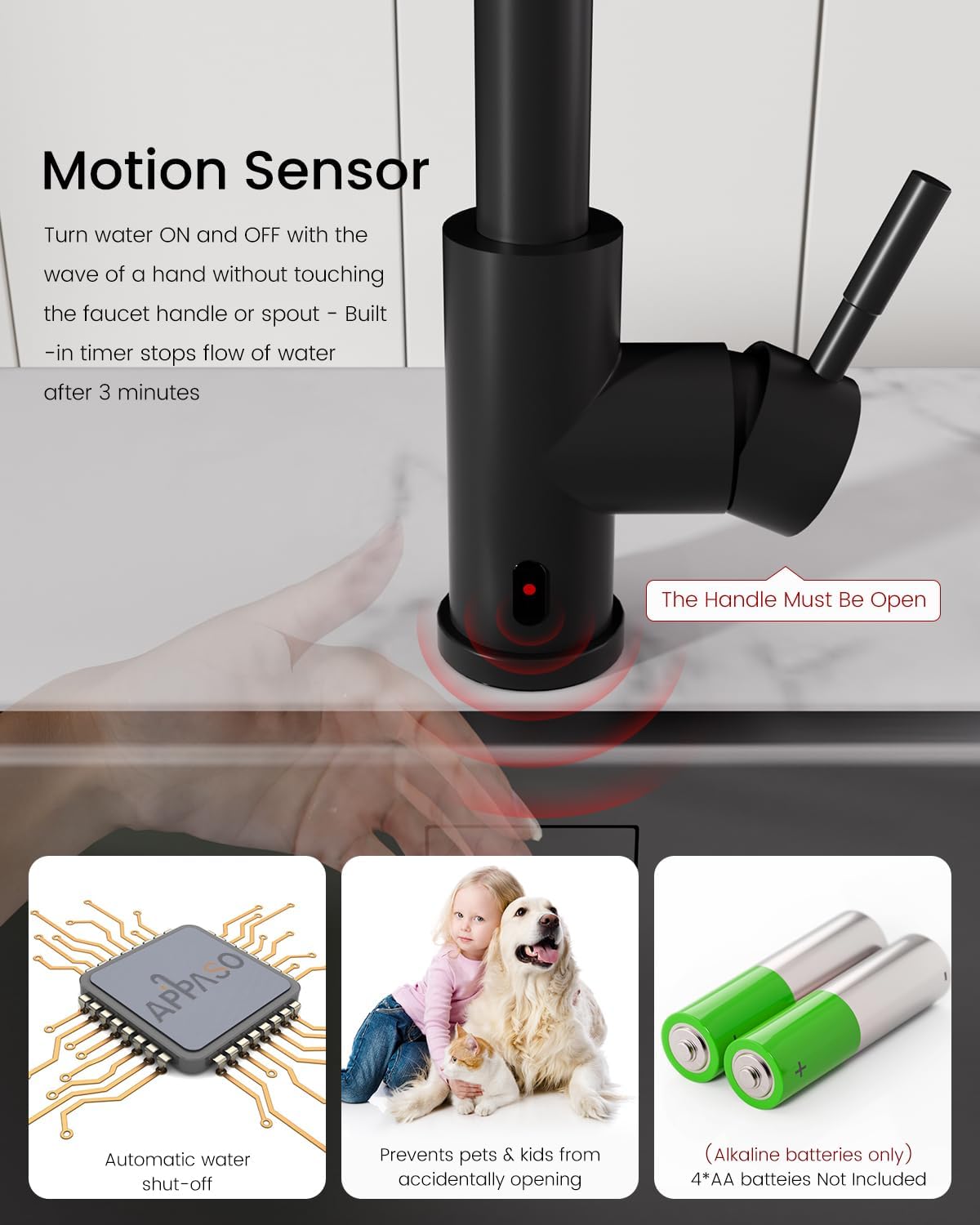 APPASO Touchless Kitchen Faucet with Motion Sensor - Matte Black Hands-Free Faucet with Soap Dispenser & Pull Down Sprayer (3 Spray Modes), S304 Stainless Steel for Modern Kitchens - Perfect for Busy Cooks, Family Homes & Commercial Use
