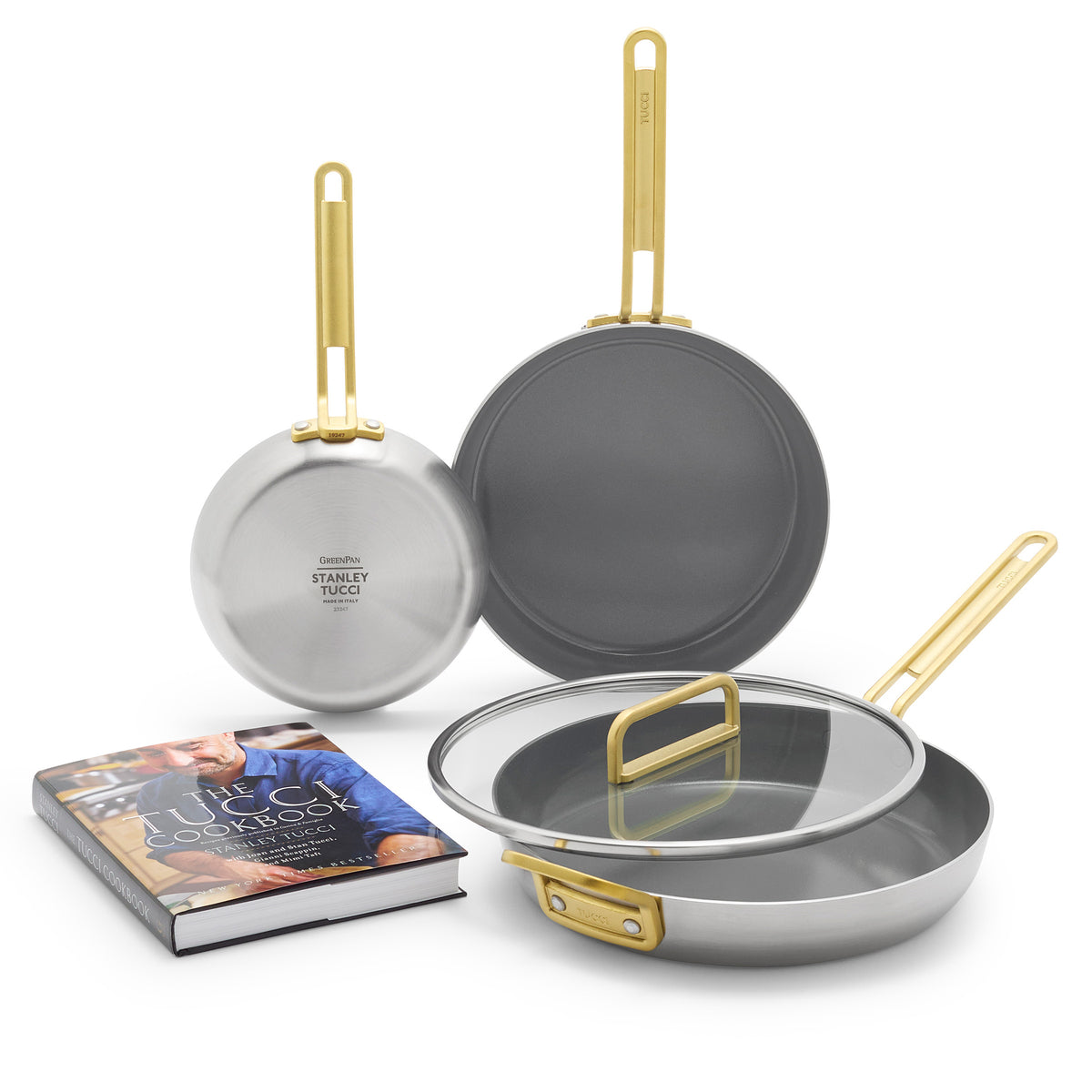 Stanley Tucci™ 4-Piece Stainless Steel Ceramic Nonstick Fry Pan Set with Champagne Handles & Free Tucci Cookbook – Perfect for Sautéing, Frying & Everyday Cooking