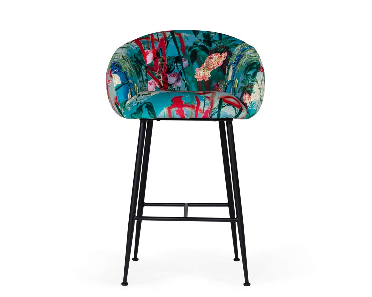 Alma Collection Modern Velvet Upholstered Bar Stool with Cast Iron Legs - Floral Pattern Black - Perfect for Kitchen Islands, Home Bars & Contemporary Dining Spaces