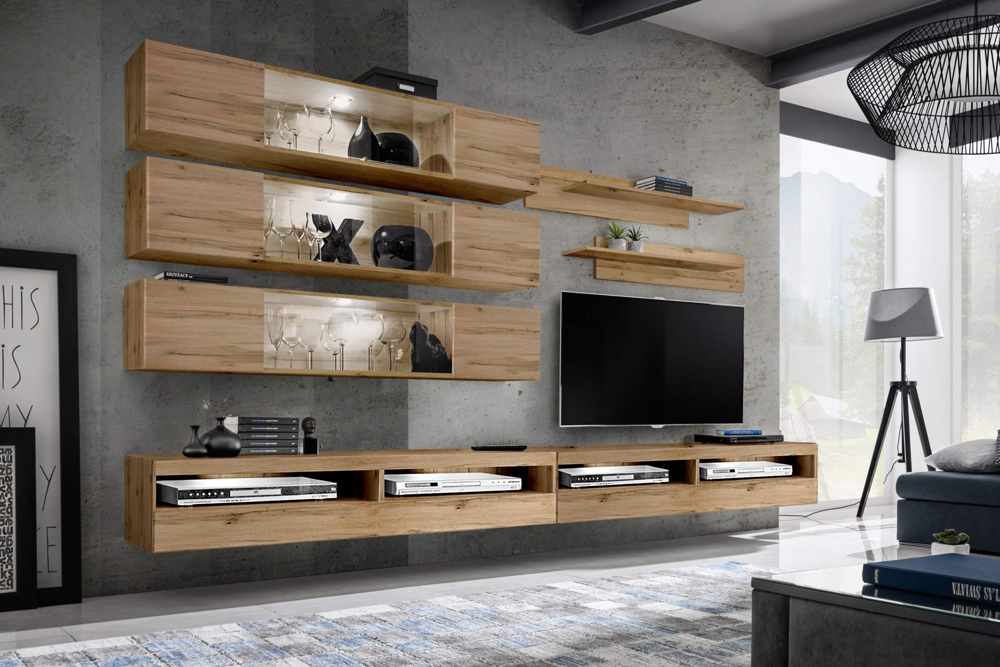 Fly J3 35TV Wall-Mounted Entertainment Center - Modern Floating TV Stand with Storage Shelves & LED Lights for Bedroom & Living Room - Oak Wood Media Console - Perfect for Small Spaces & Home Theater Setup