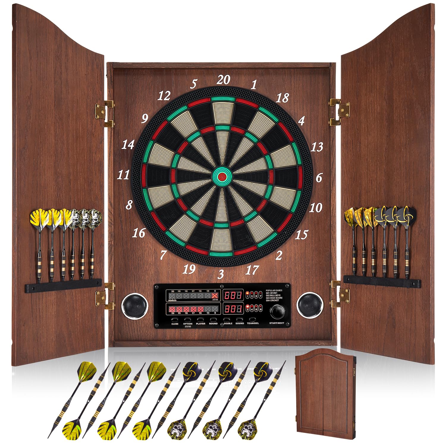 Electronic Dart Board Set for Adults - Wooden Dartboard Cabinet with 12 Bronze Soft Tip Darts & Cricket Game Mode - Perfect for Family Game Rooms, Man Caves & Bars