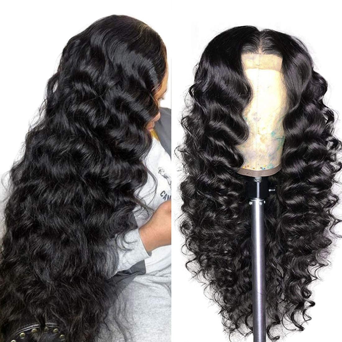 24 Inch Natural Black Human Hair Loose Wave Lace Front Wig - Pre Plucked, Pre Cut, Glueless HD Transparent 4x4 Lace Closure - Deep Wave Wigs for Women | Perfect for Daily Wear, Parties & Special Occasions