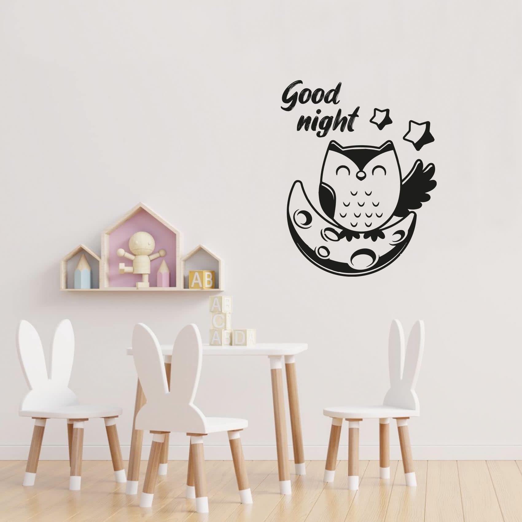 Good Night Baby Owl Wall Sticker - Cute Smiling Moon & Stars Vinyl Decal for Nursery, Kids Room Decor (40x24 inch) - Perfect for Bedroom, Kindergarten & Children's Bedtime Themed Spaces