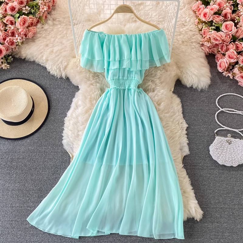 Sexy Off Shoulder Long Skirt with Ruffles - Flowy Chiffon Maxi Dress for Women | Perfect for Beach Vacations, Date Nights & Summer Parties