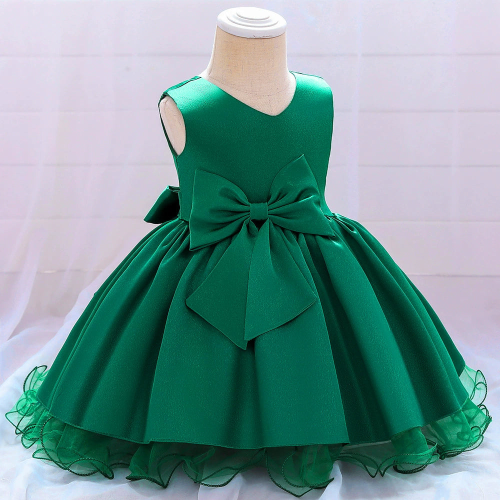 Green Princess Round Tea Length Satin Flower Girl Dress for Weddings & Special Occasions