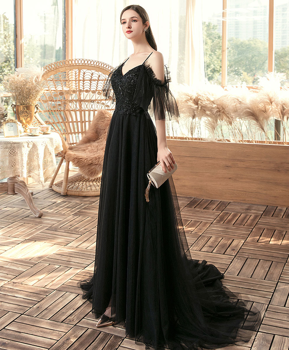 Elegant Black V-Neck Tulle Lace Long Prom Dress - Formal Evening Gown for Homecoming, Wedding, and Special Occasions
