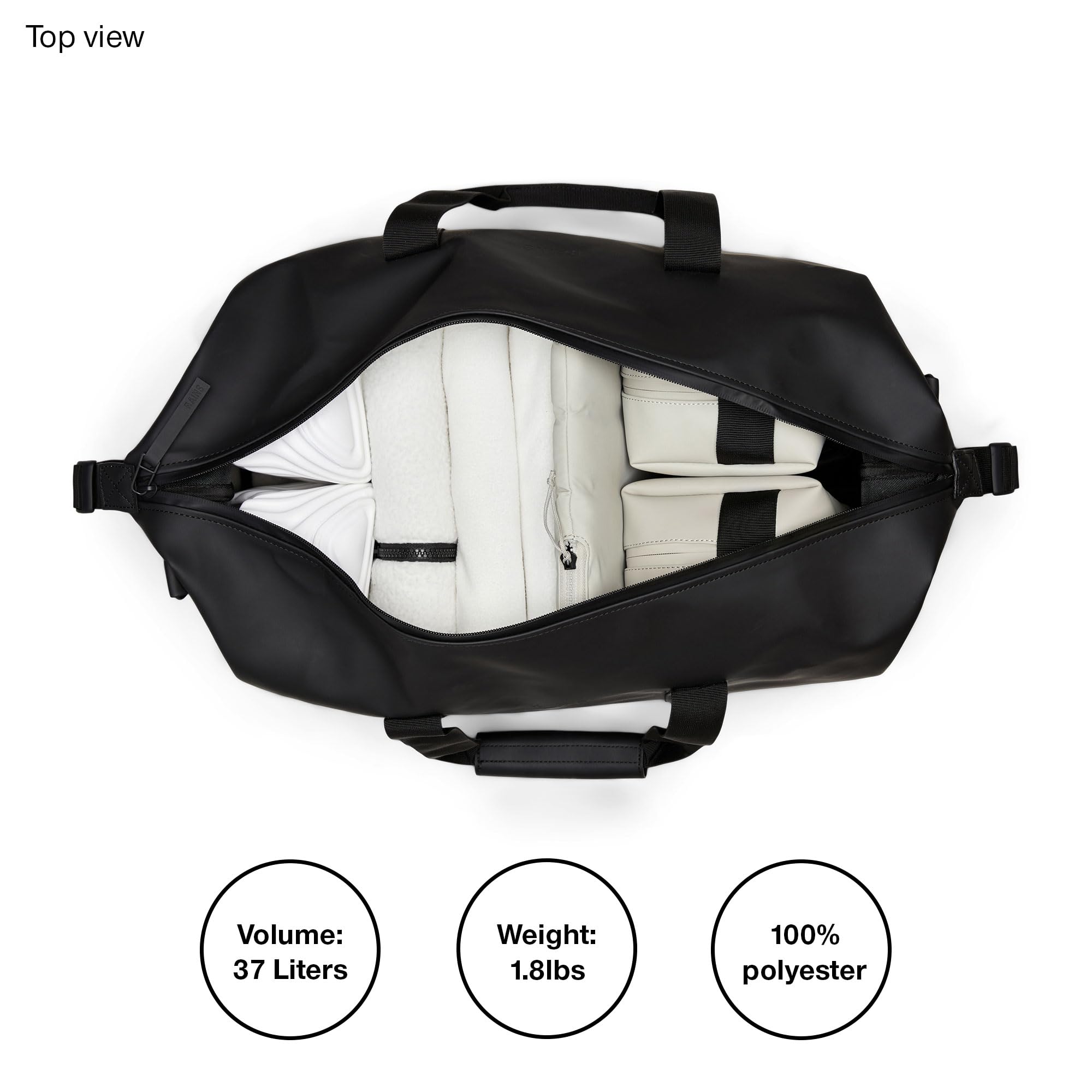 RAINS Weekend Travel Bag - Waterproof Black Carry-On Duffle for Gym, Work & Overnight Trips | Lightweight & Spacious for Men & Women