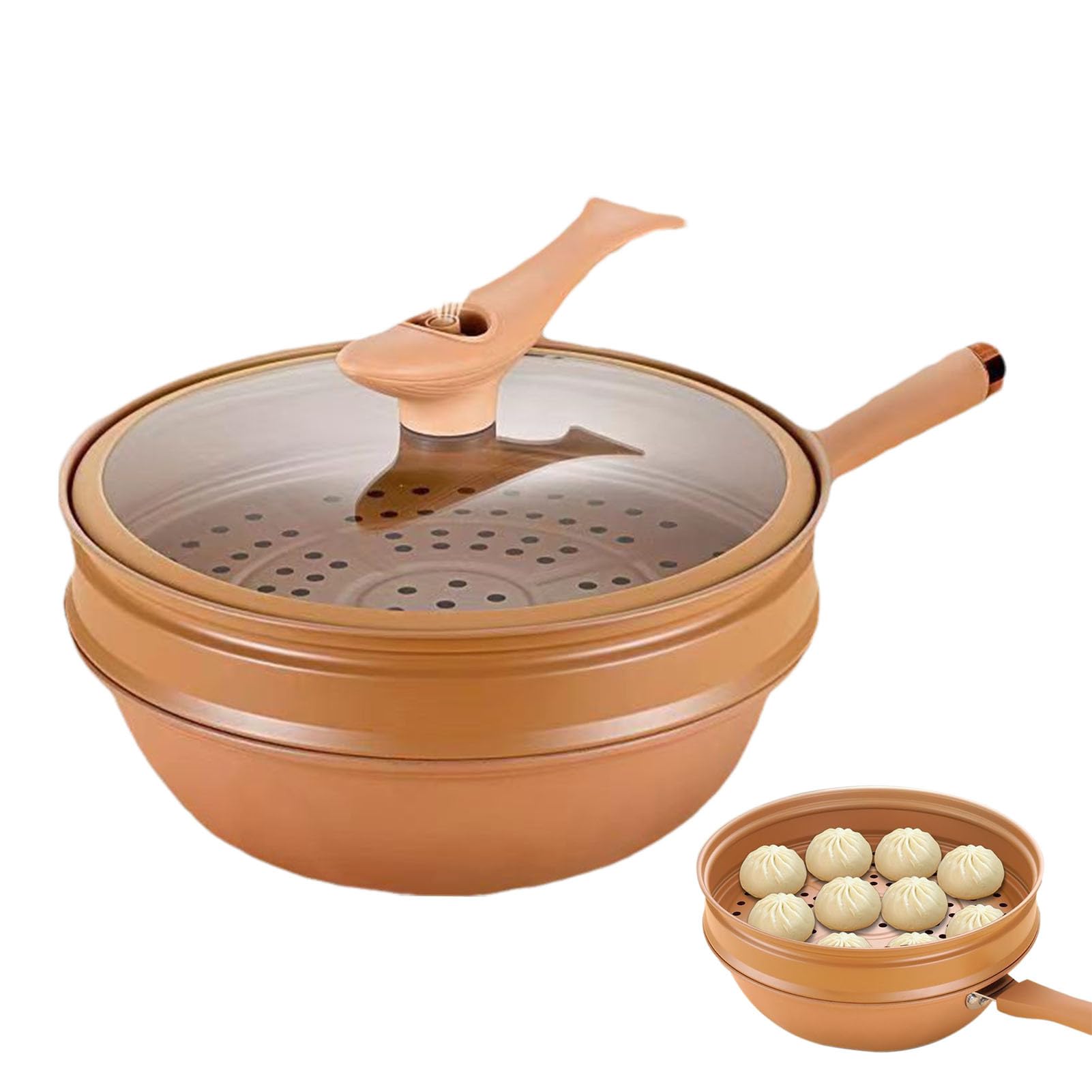 Non-Stick Clay Wok with Steamer Basket - 2-in-1 Frying and Steaming Pan - Induction & Gas Stove Compatible - Multi-Functional Covered Skillet for Asian Cooking, Stir Fry, Steaming Vegetables & Healthy Meals
