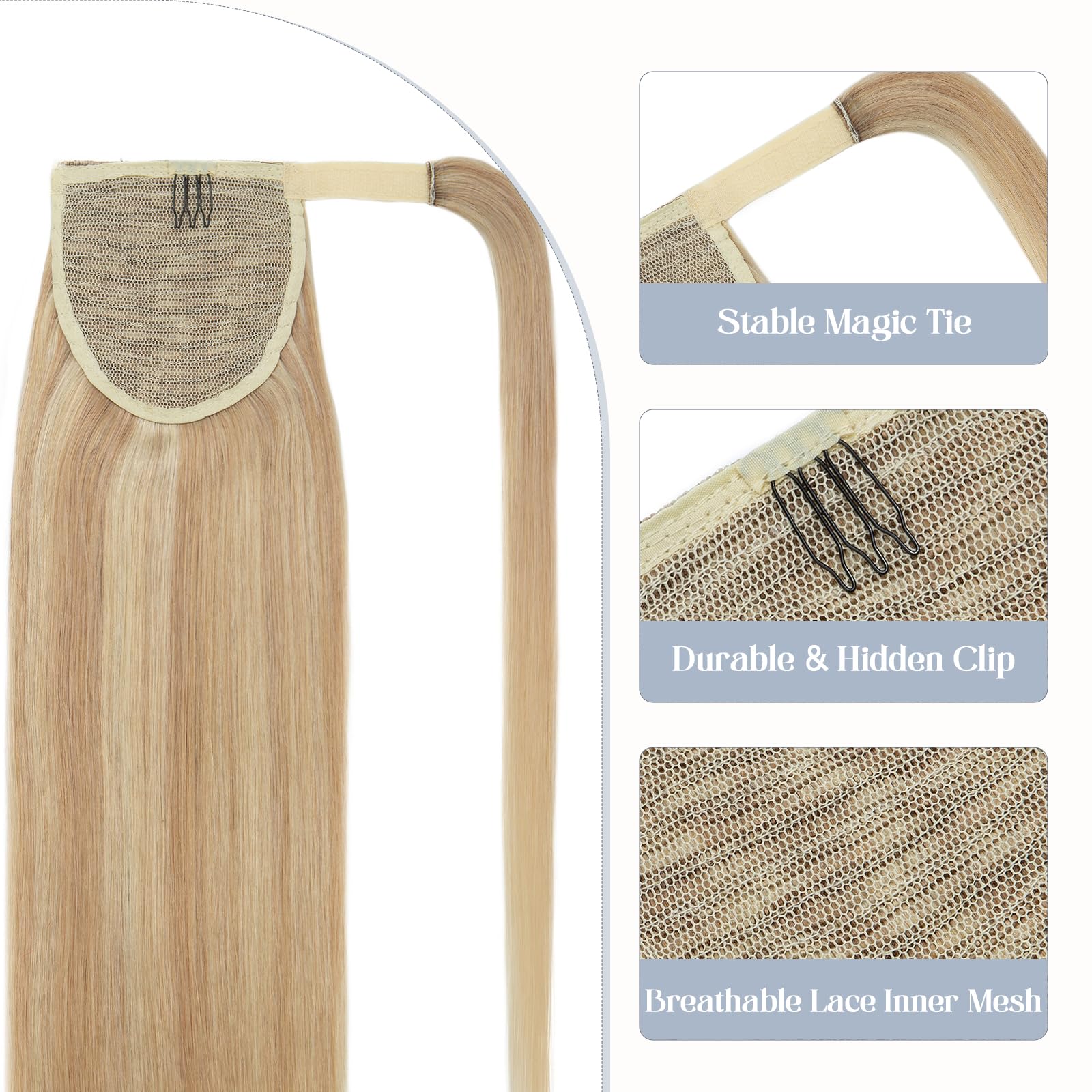 20 Inch Real Human Hair Ponytail Extensions - #18P613 Ash Blonde & Bleach Blonde Wrap Around Clip In Ponytail for Women (90g) | Long Straight Hairpiece for Parties, Weddings & Daily Styling