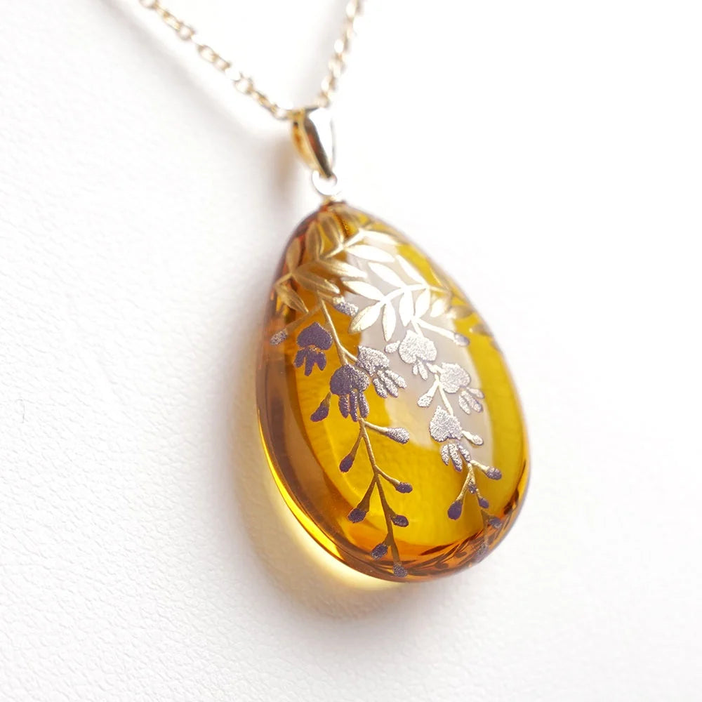 Handcrafted Maki-e Urushi Lacquer Pendant Necklace - Amber & Wisteria Japanese Art Jewelry | Traditional Asian Accessory for Women, Gift for Her, Wedding & Special Occasions