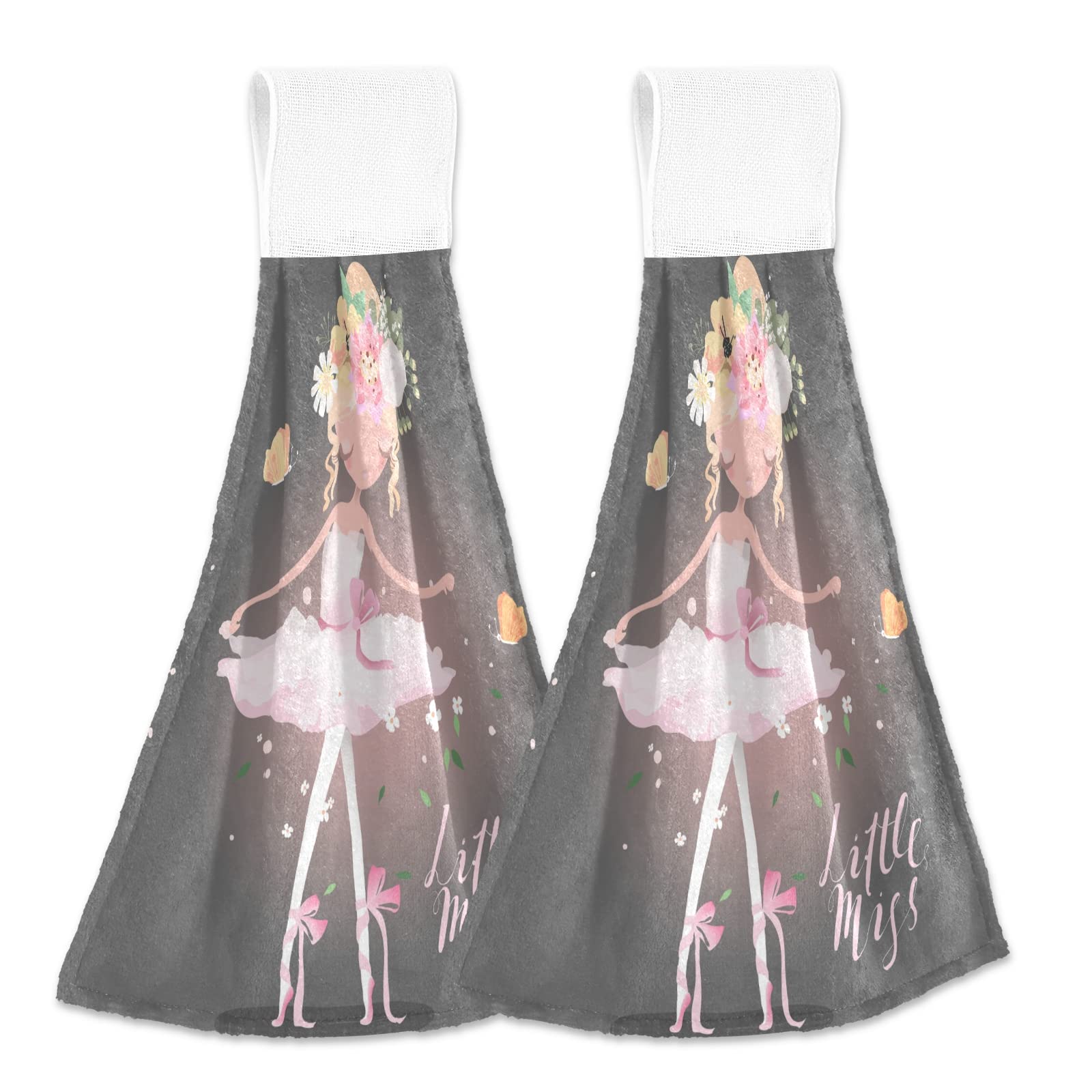 2-Pack Ballet Girl Hand Towels with Flowers, Butterflies & Sparkles - Soft, Fast-Drying Kitchen & Bath Towels with Hook & Loop for Hanging - Perfect for Dishes, Face Cleaning & Home Decor