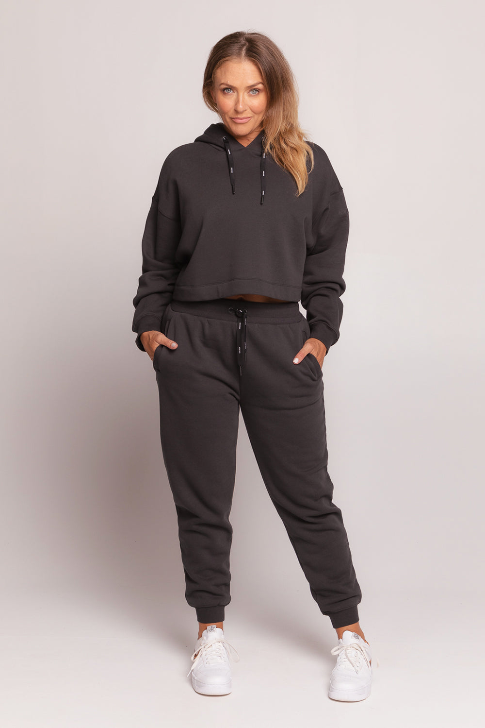 Off Duty Cropped Hoodie - Charcoal Black | Women's Casual Pullover Sweatshirt for Streetwear & Loungewear