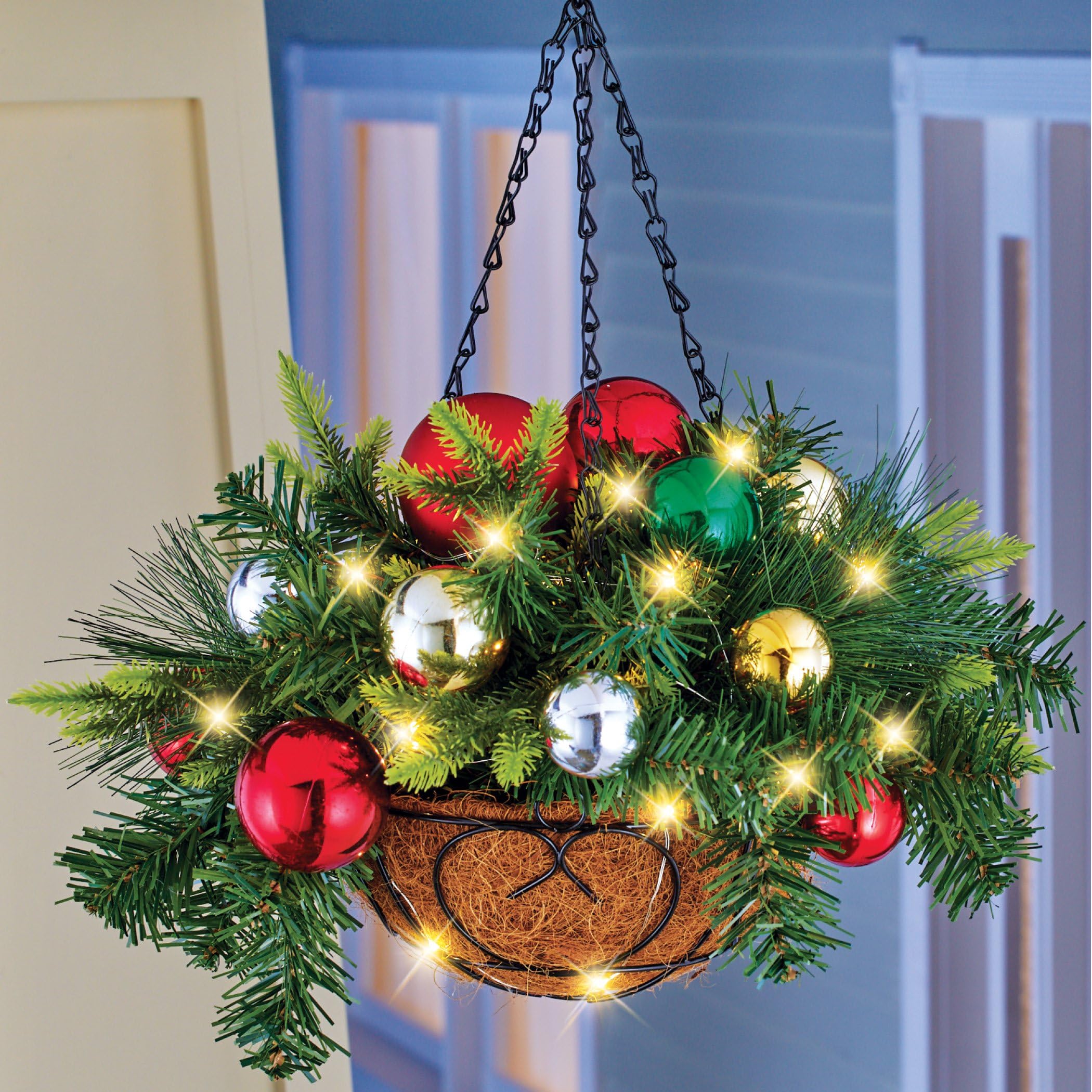 Lighted Ornament Hanging Basket with Hook & 6-Hour Timer - Outdoor Christmas Holiday Decorations for Porch, Garden, and Patio