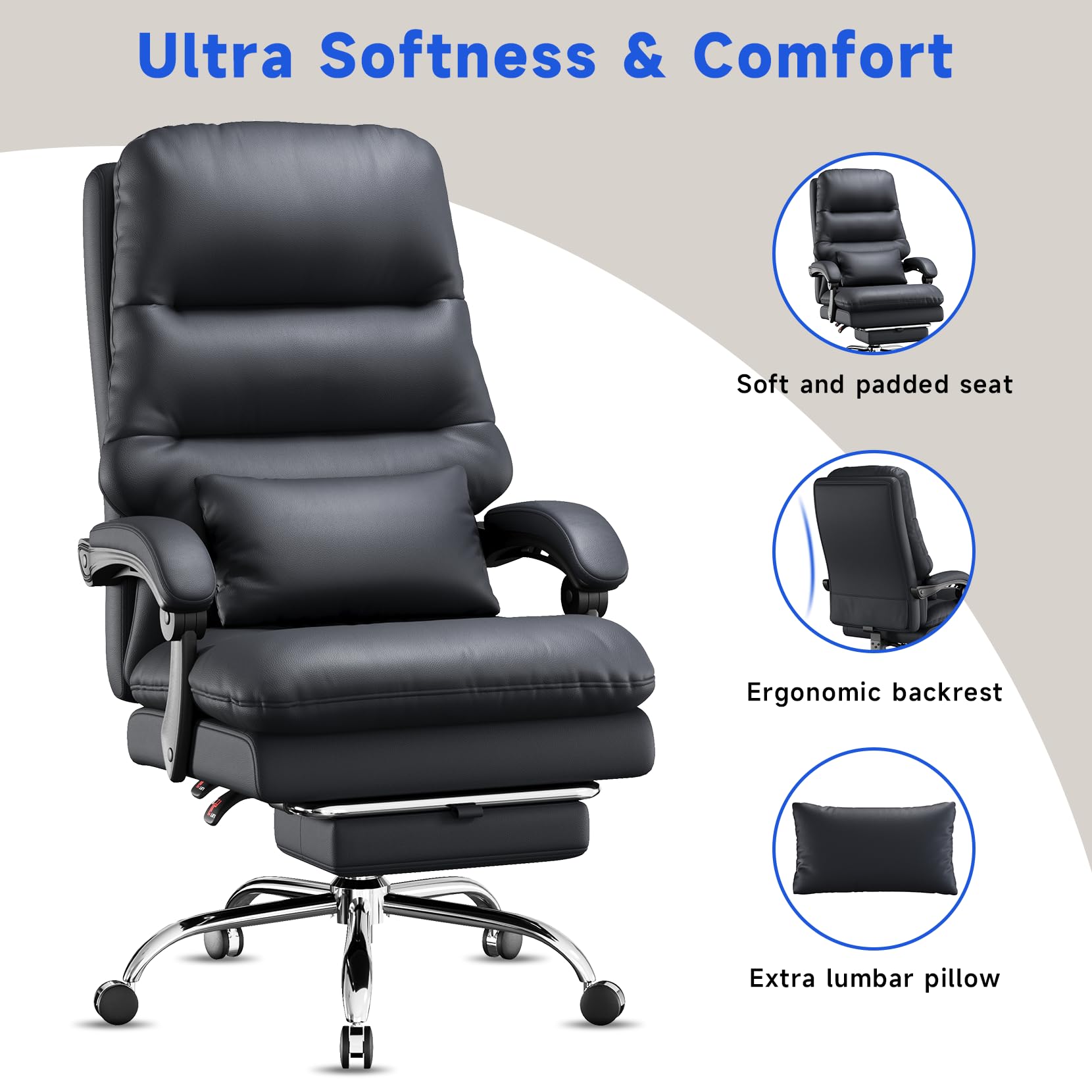 Ergonomic Big and Tall Office Chair - 400LBS Weight Capacity PU Leather Executive Desk Chair with Adjustable Lumbar Support & Footrest - Perfect for Home Office, Gaming, and Professional Workspaces (Black)