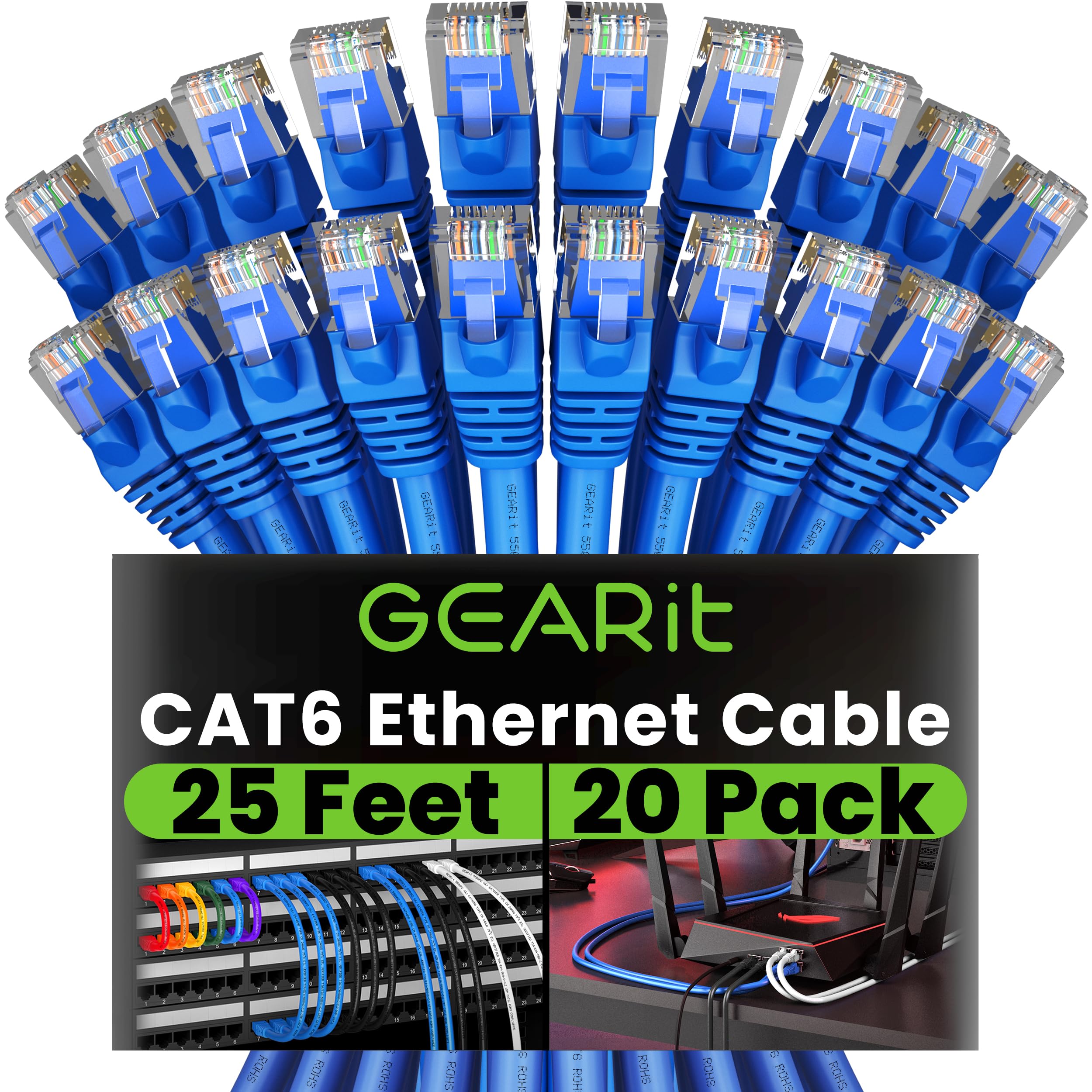 GearIT Cat 6 Ethernet Cable 25ft (20-Pack) - 10Gbps High-Speed Snagless RJ45 Network Patch Cord with Gold-Plated Connectors - Ideal for PC, Gaming, Home Office, Smart TV, Router, Printer & Data Center - Blue