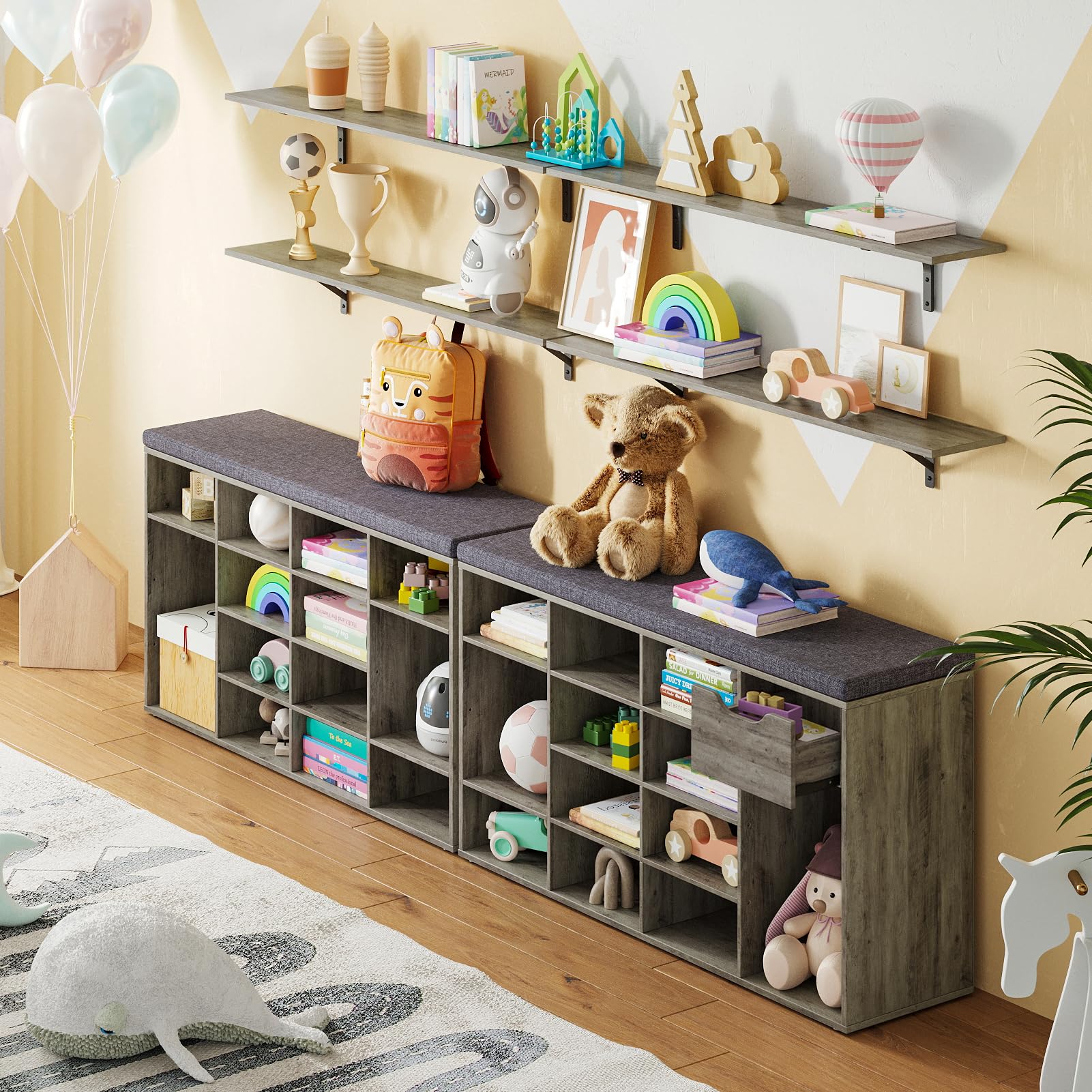 DINZI LVJ Shoe Bench with Drawer & 15 Cubbies - Adjustable Shelves Entryway Storage Organizer for Shoes - Gray Wash Shoe Cabinet for Living Room, Bedroom, Mudroom & Garage | Perfect for Small Space Organization & Entryway Décor